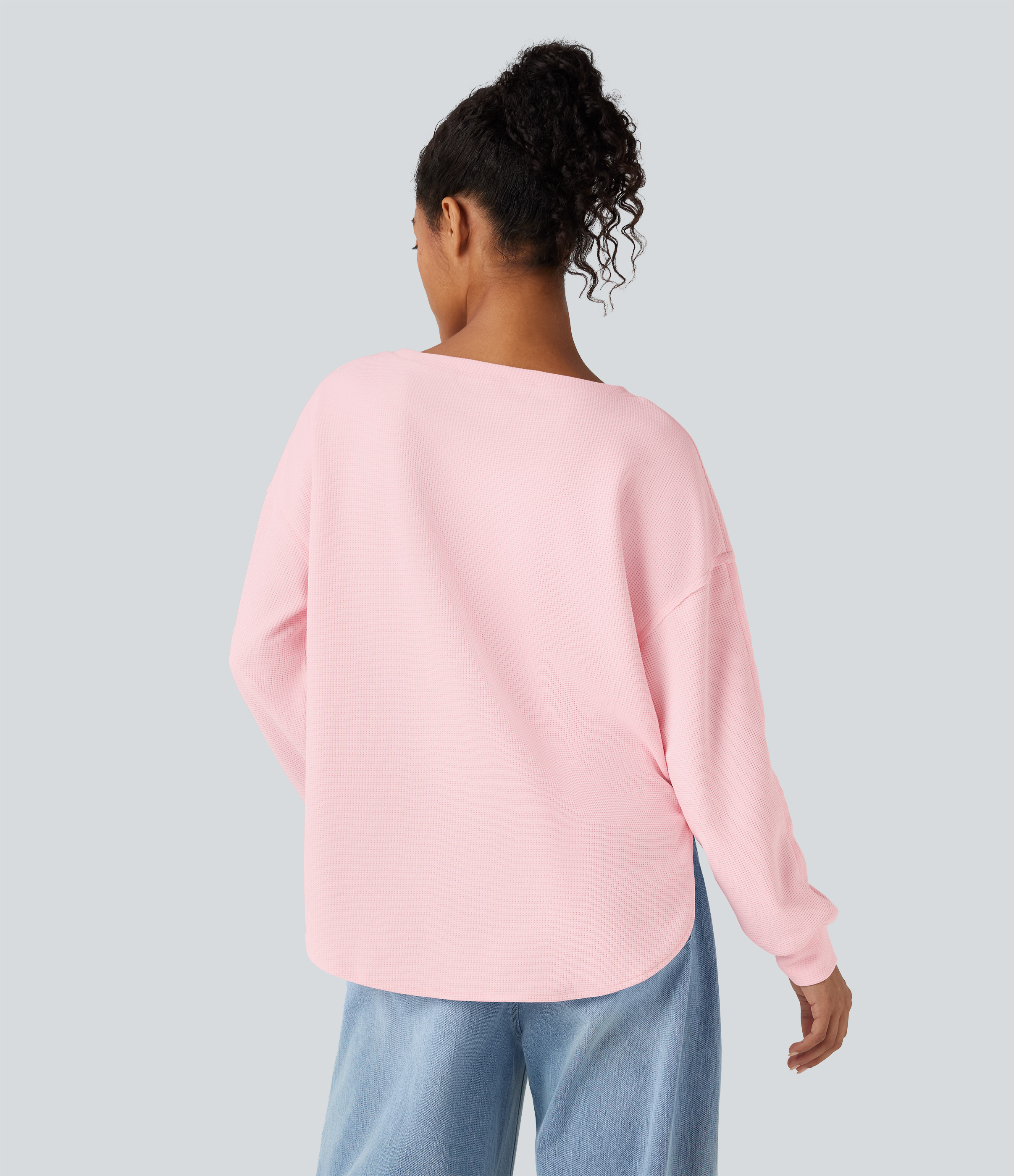 Barely Pink Round Neck Long Sleeve Curved Hem Waffle Casual Top / 2