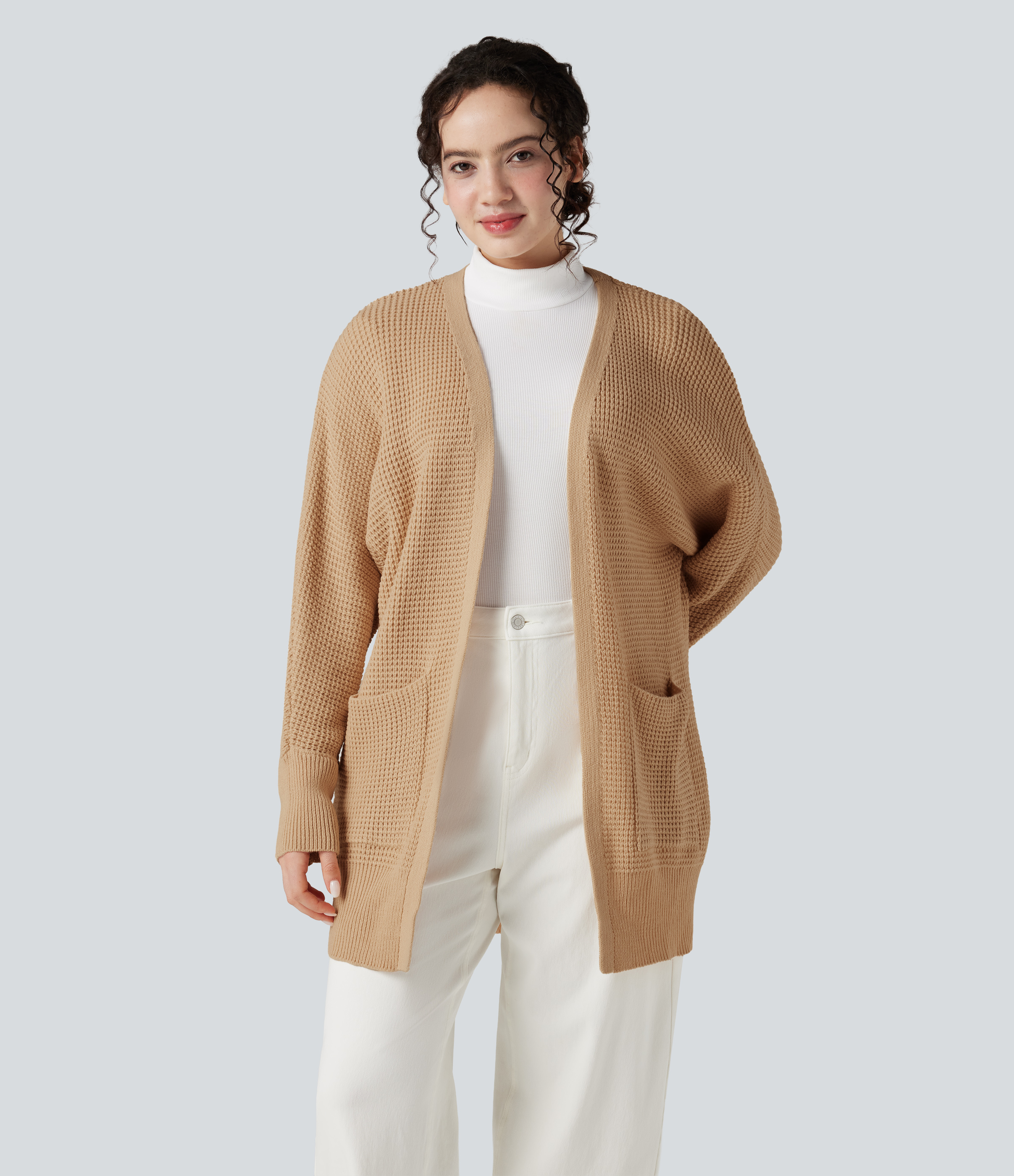 Desert Brown Long Sleeve Casual Cardigan with Pockets / 1