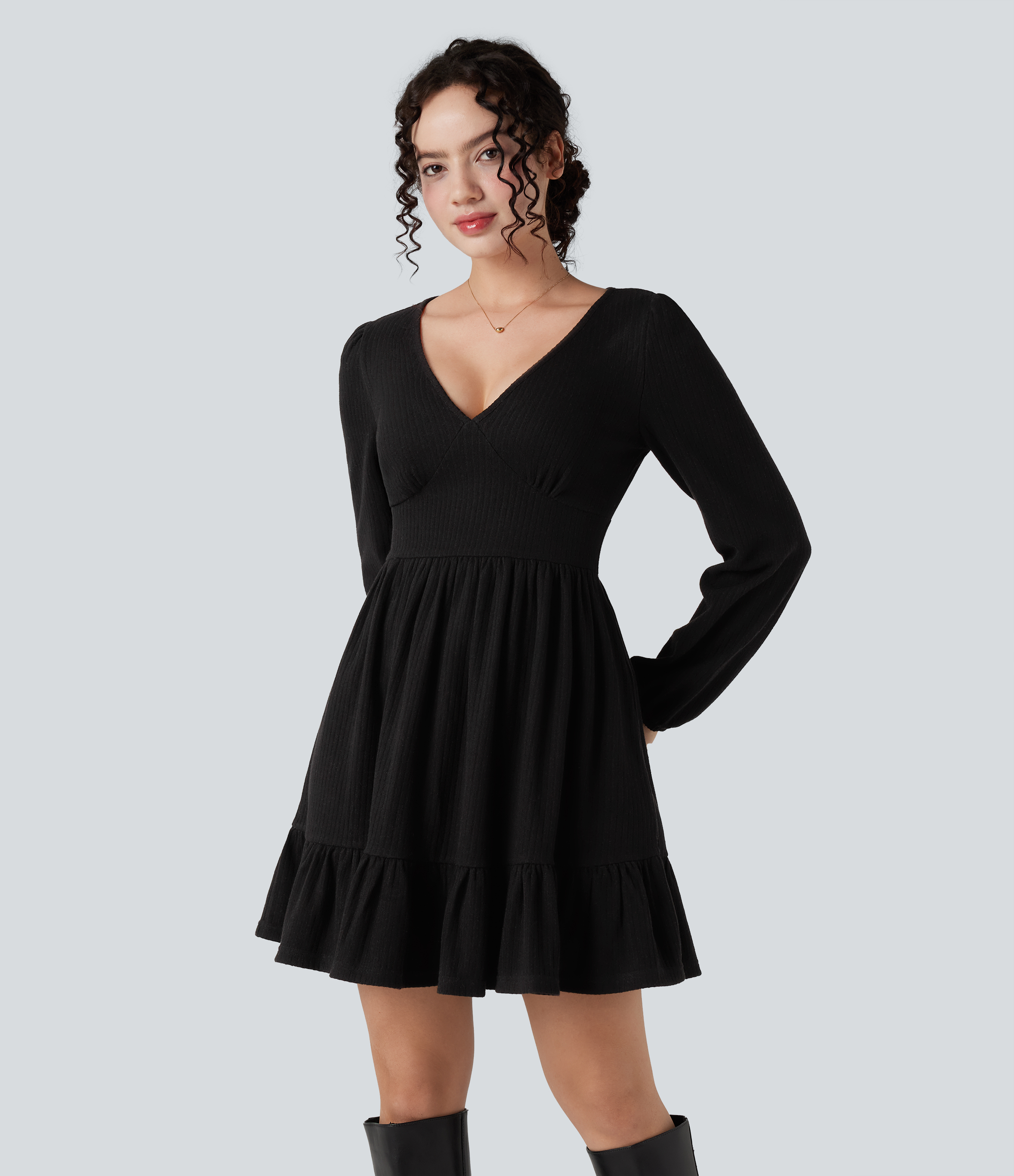 Ribbed Knit V Neck Long Sleeve Ruffle Hem Mini Dress