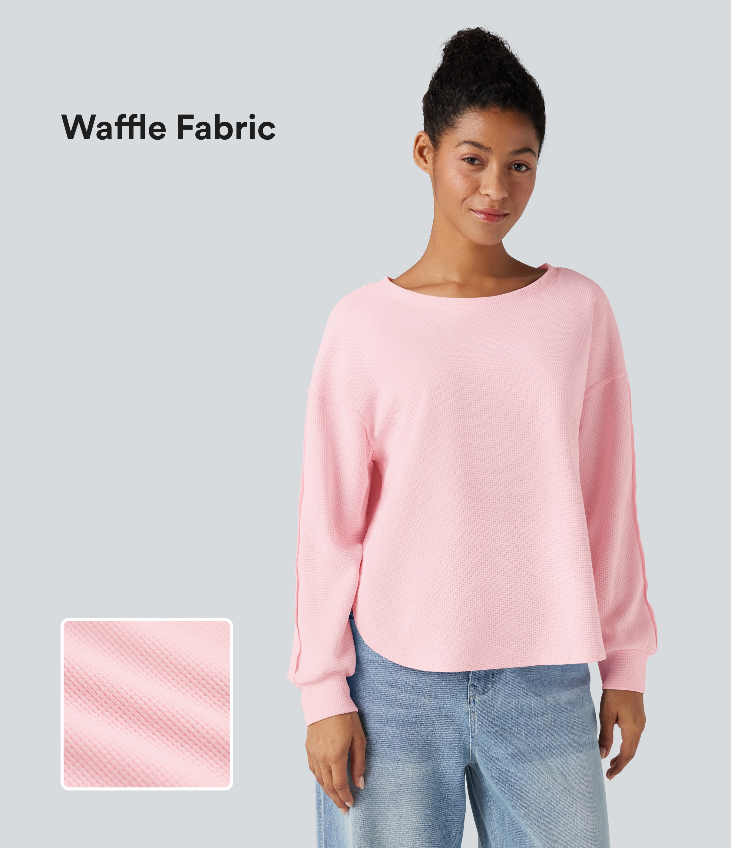 Barely Pink Round Neck Long Sleeve Curved Hem Waffle Casual Top / 1