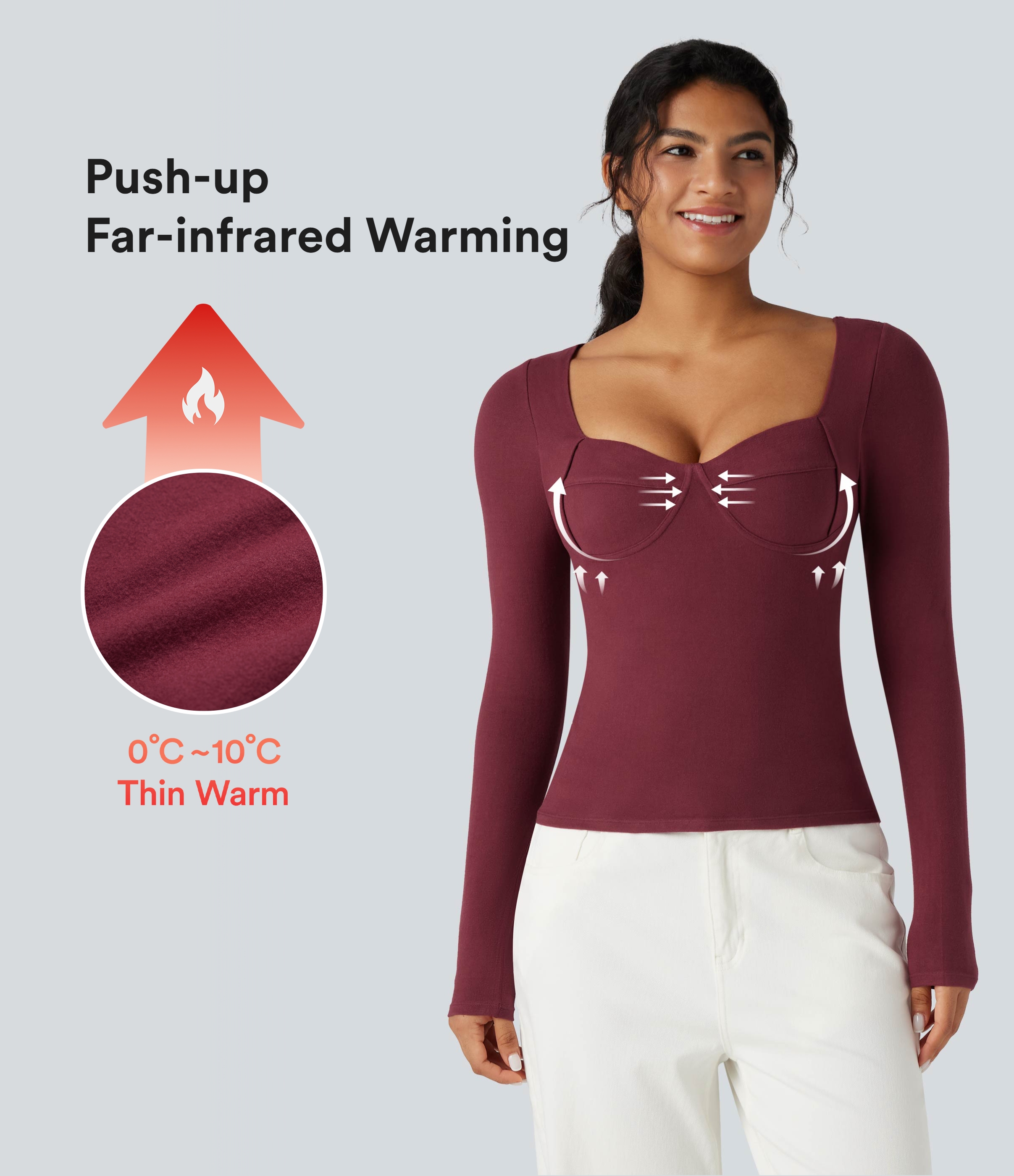 Top casual chaud push-up à col cœur et manches longues - Bonnet A/B