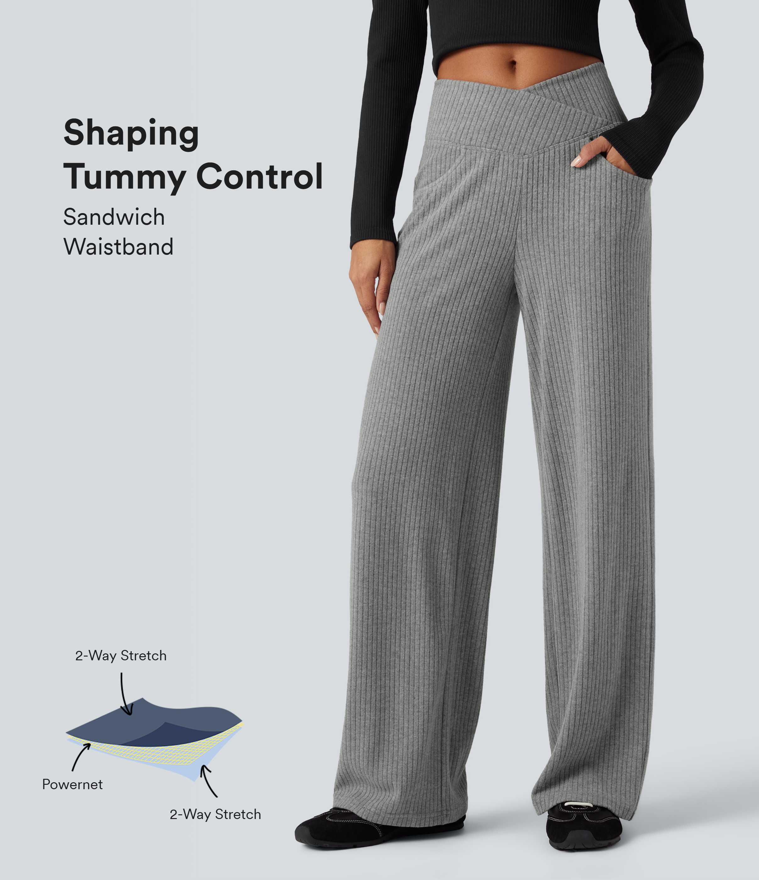 Freizeithose aus geripptem Strick mit hohem Crossover-Bund, Seitentaschen, Bauchkontrolle und geradem Bein