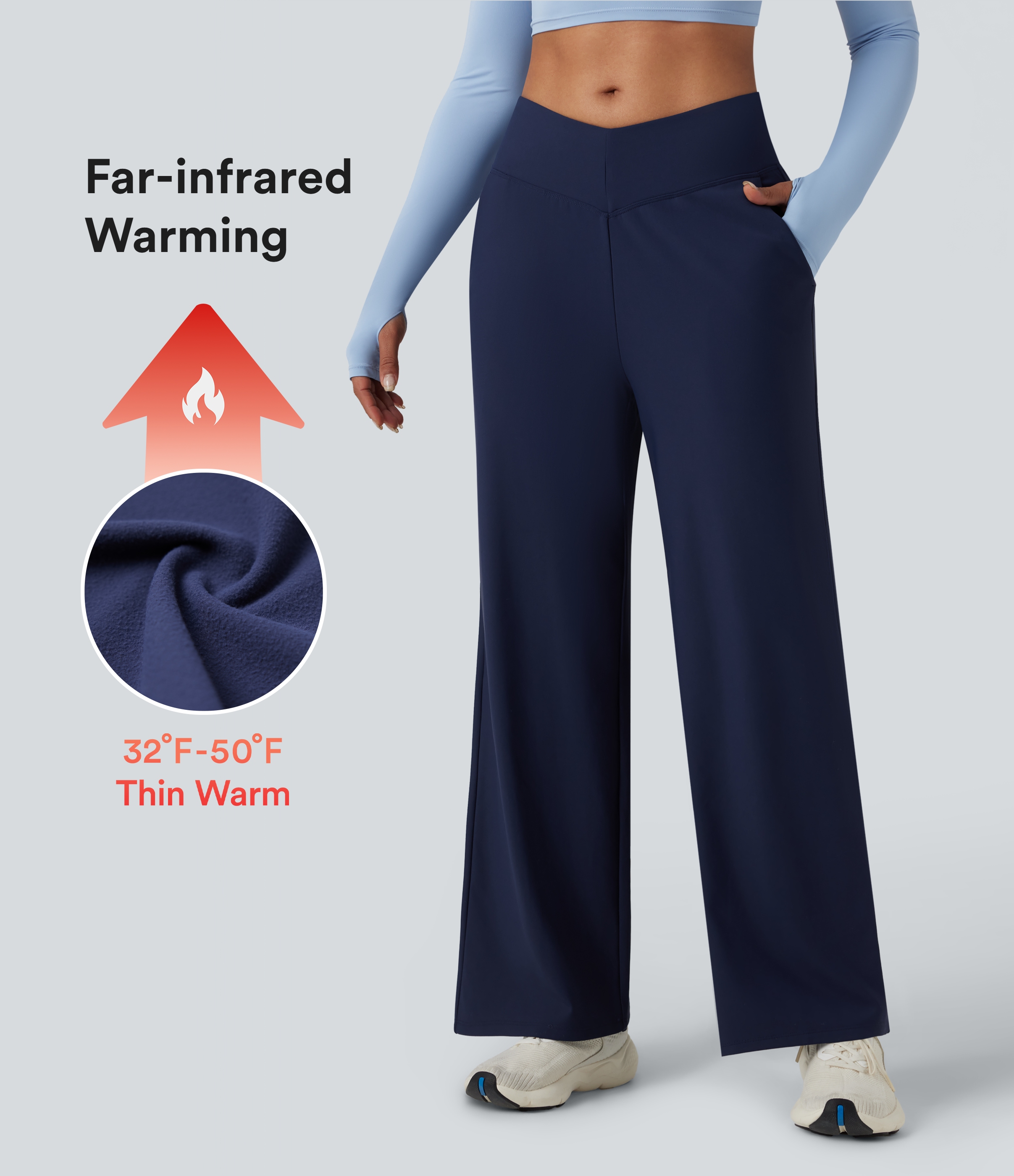 Peacoat V-Shaped High Waisted Fleece Yoga Baggy Pants with Pockets / 1