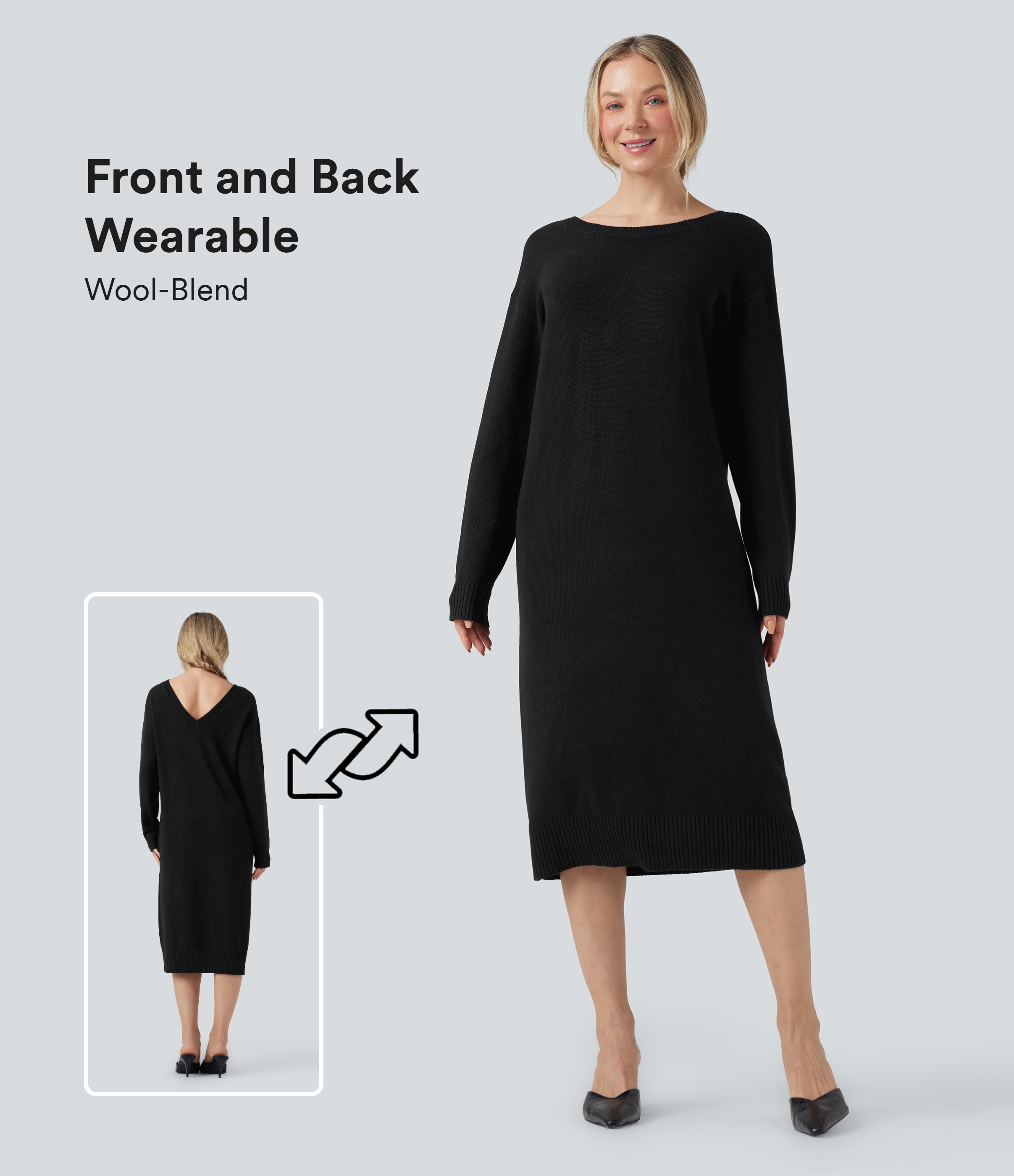 Robe pull laine mélangée col V manches longues mi-longue - réversible devant et dos