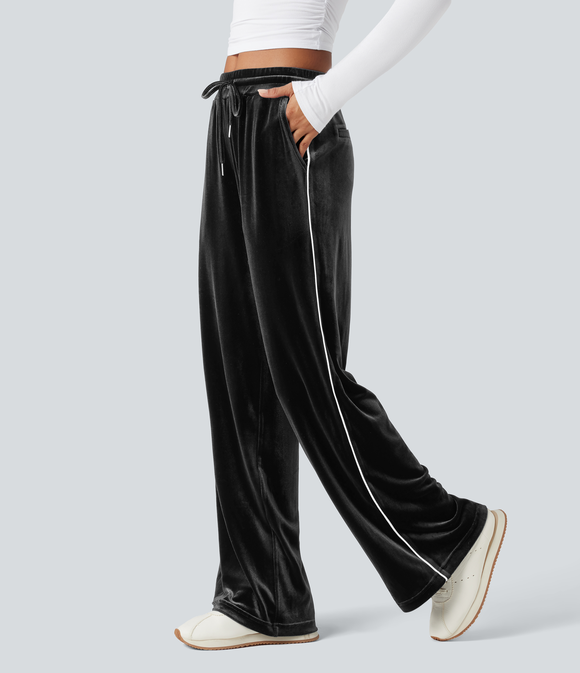 Mid Rise Drawstring Straight Leg Velvet Casual Pants with Pockets