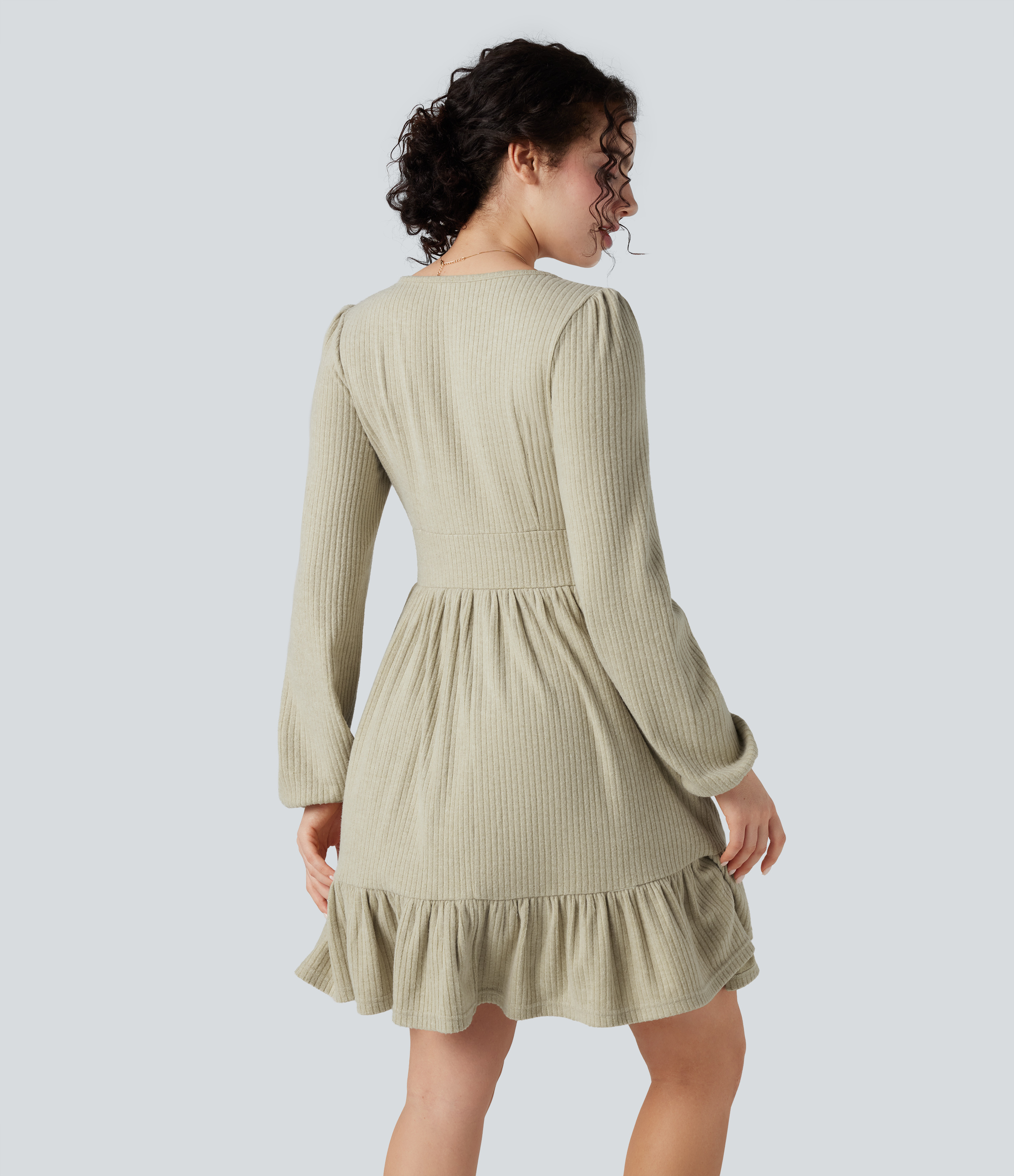 Fog Ribbed Knit V Neck Long Sleeve Ruffle Hem Fleece Mini Dress / 2