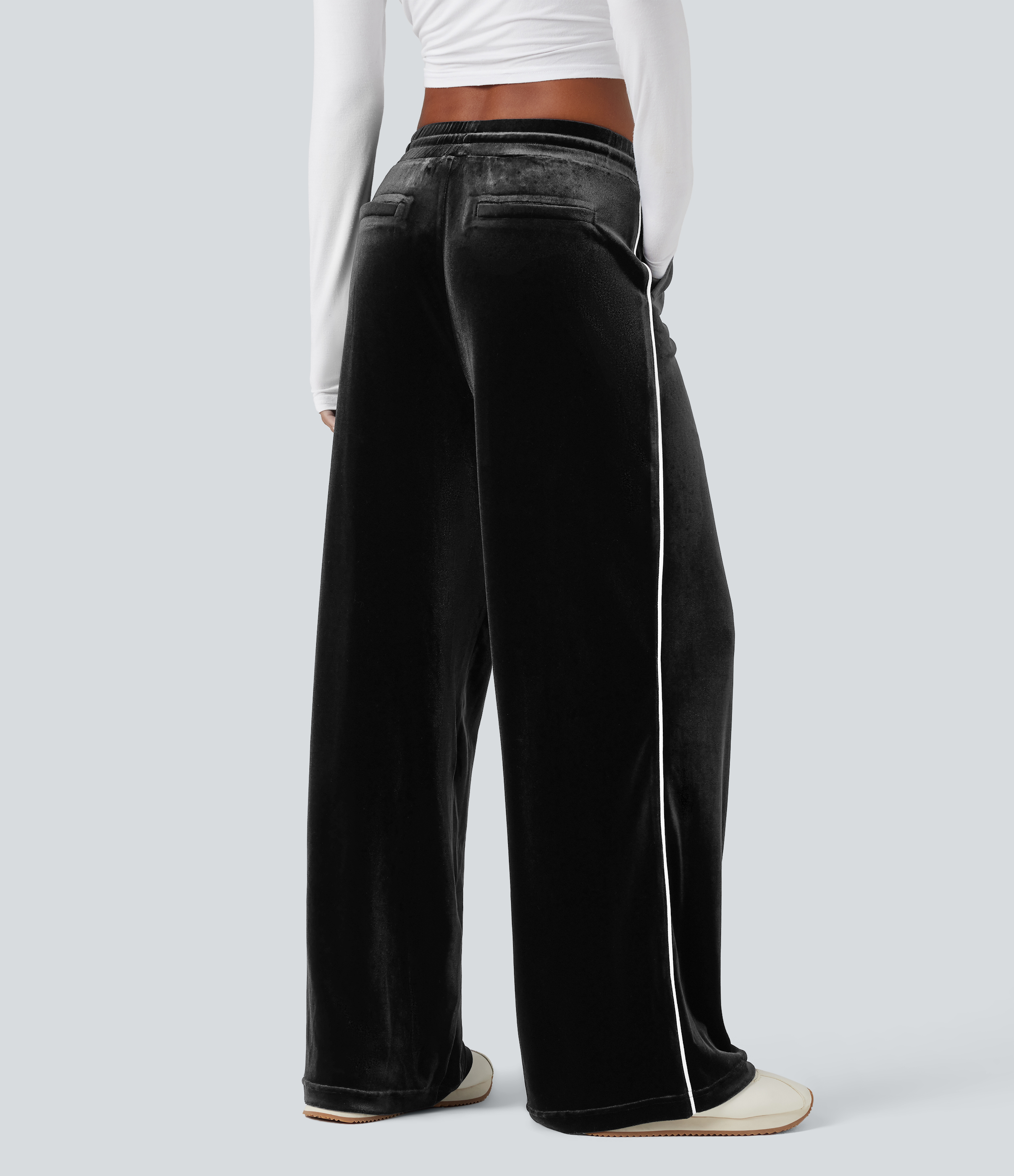 Black Mid Rise Drawstring Straight Leg Velvet Casual Trousers with Pockets / 2