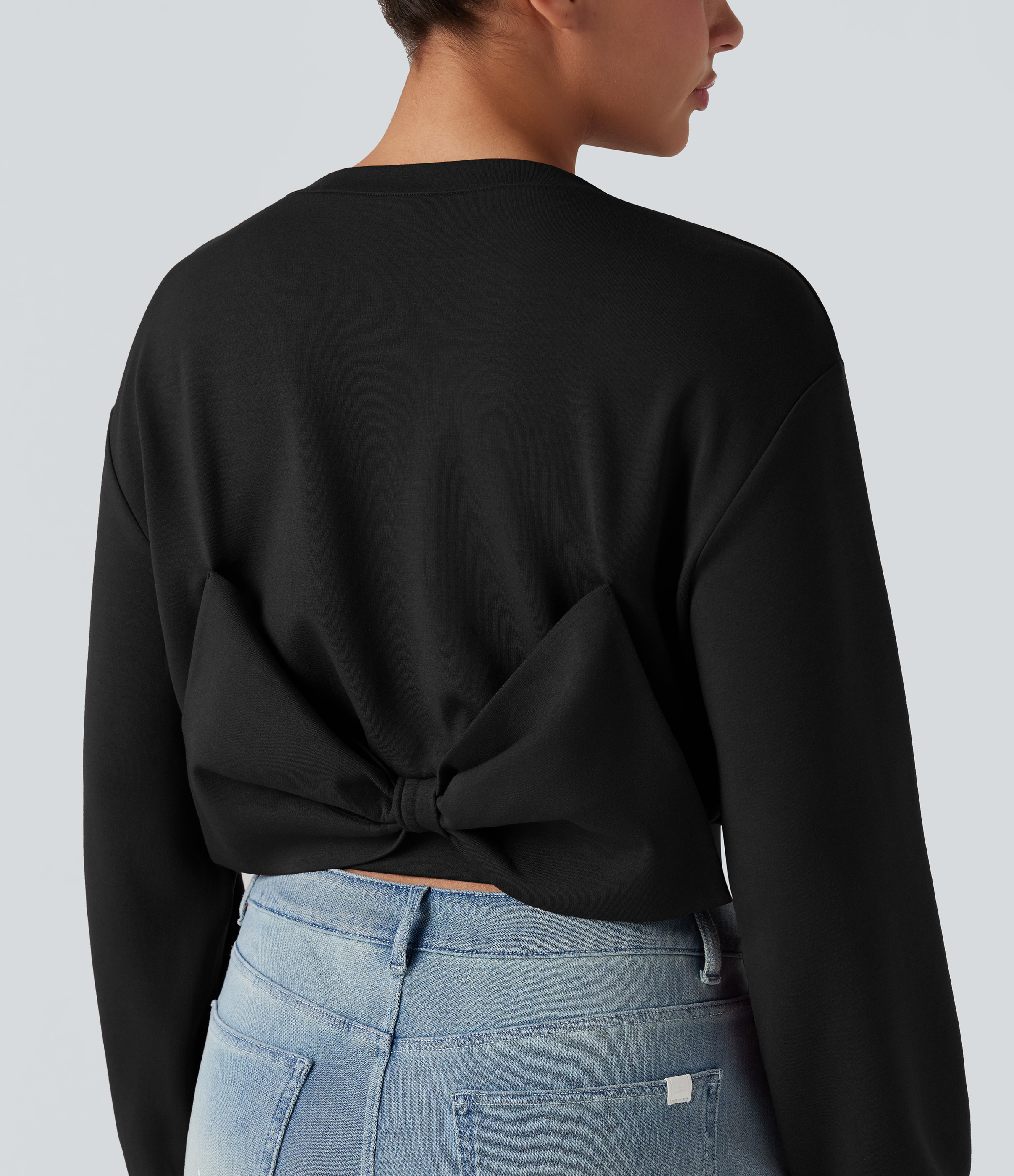 SpacerTek™ Round Neck Long Sleeve Back Bow Cropped Casual Sweatshirt