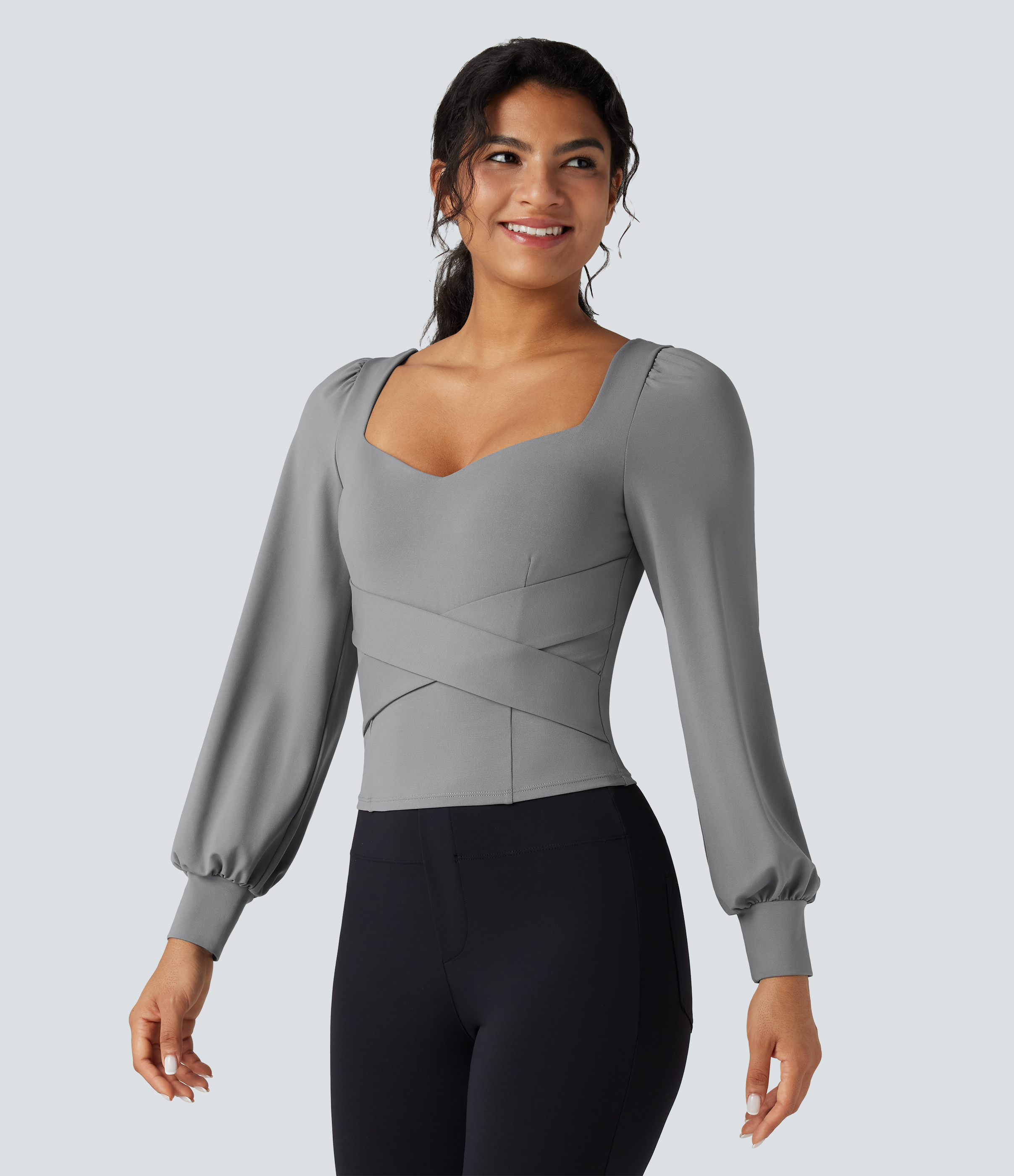 Ultimate Gray Push-Up Molded Cups Sweetheart Neck Puff Sleeve Crossover Work Top A/B Cup / 2