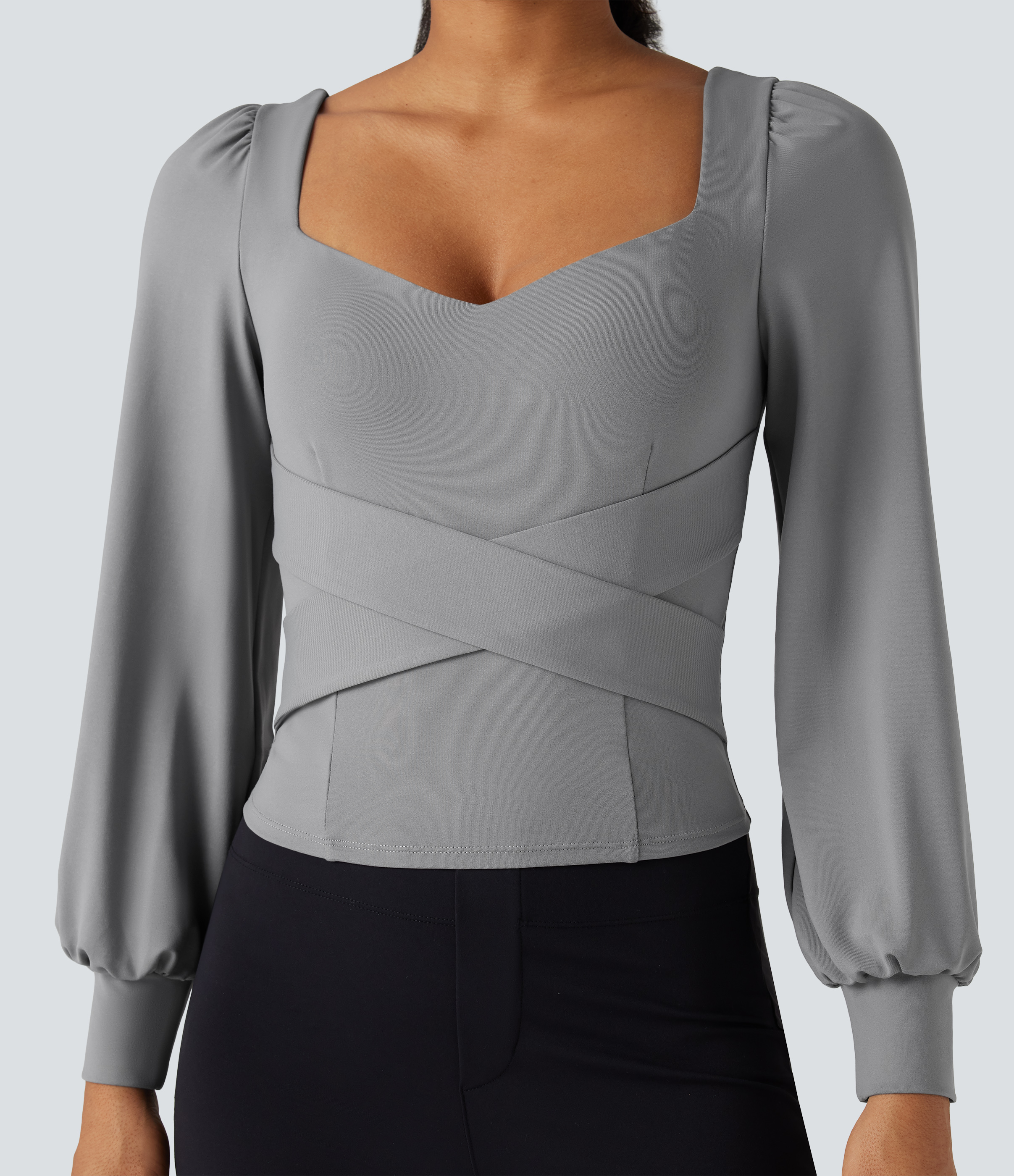 Ultimate Gray Push-Up Molded Cups Sweetheart Neck Puff Sleeve Crossover Work Top A/B Cup / 1