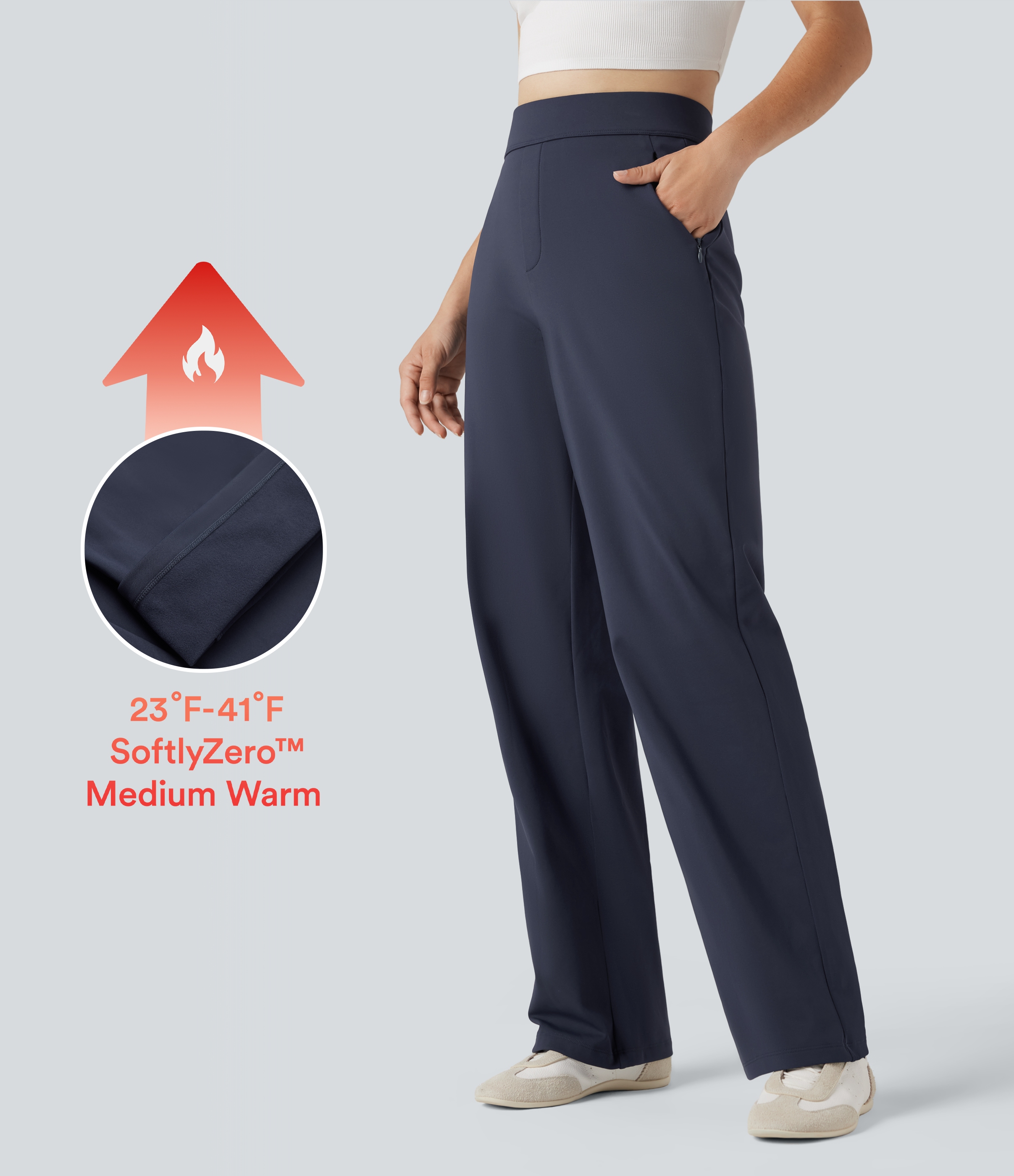 SoftlyZero™ Pantalon décontracté thermique en peluche, taille haute, coupe droite, avec poches à fermeture éclair