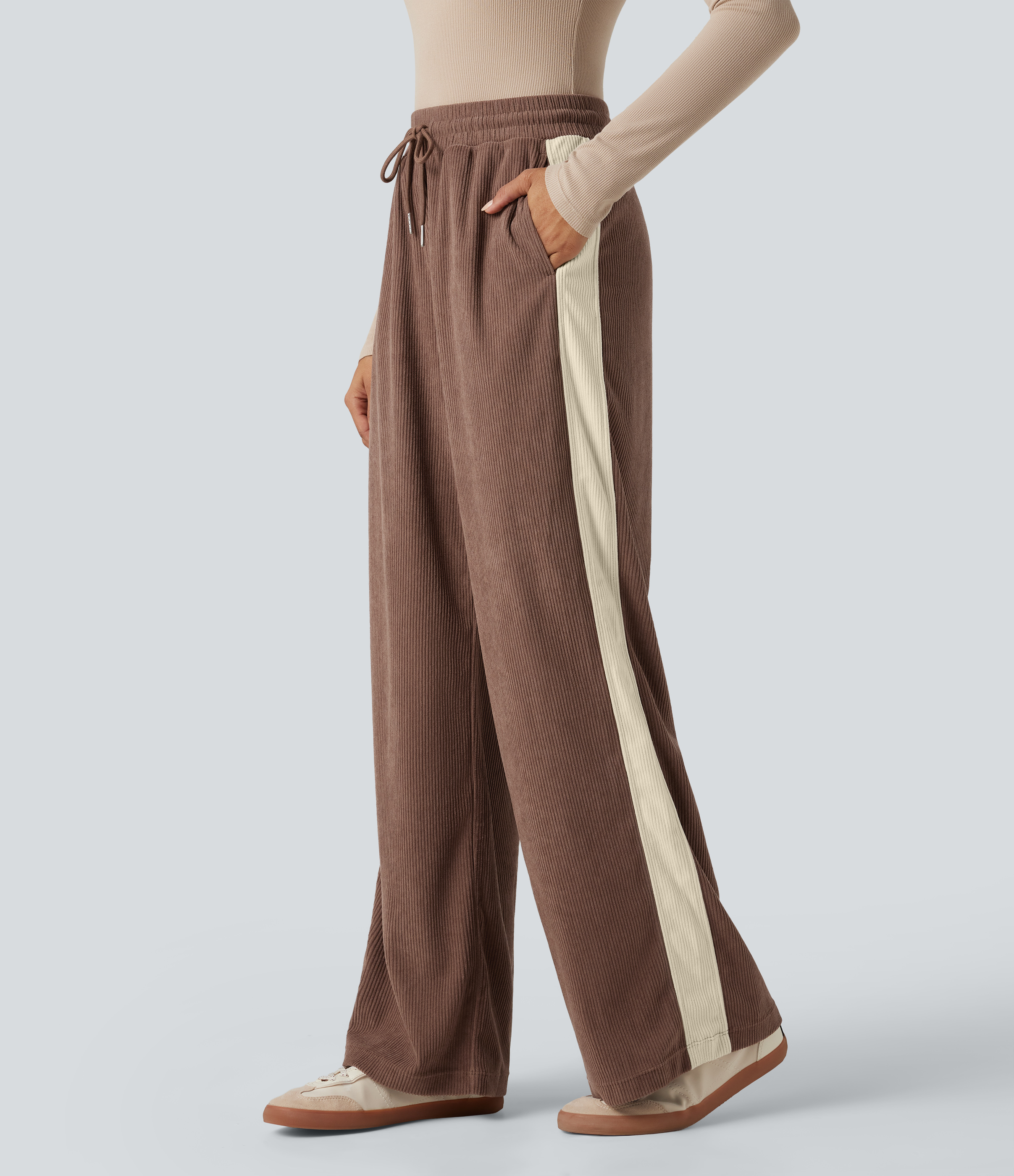 High Waisted Drawstring Straight Leg Color Block Corduroy Casual Pants with Pockets