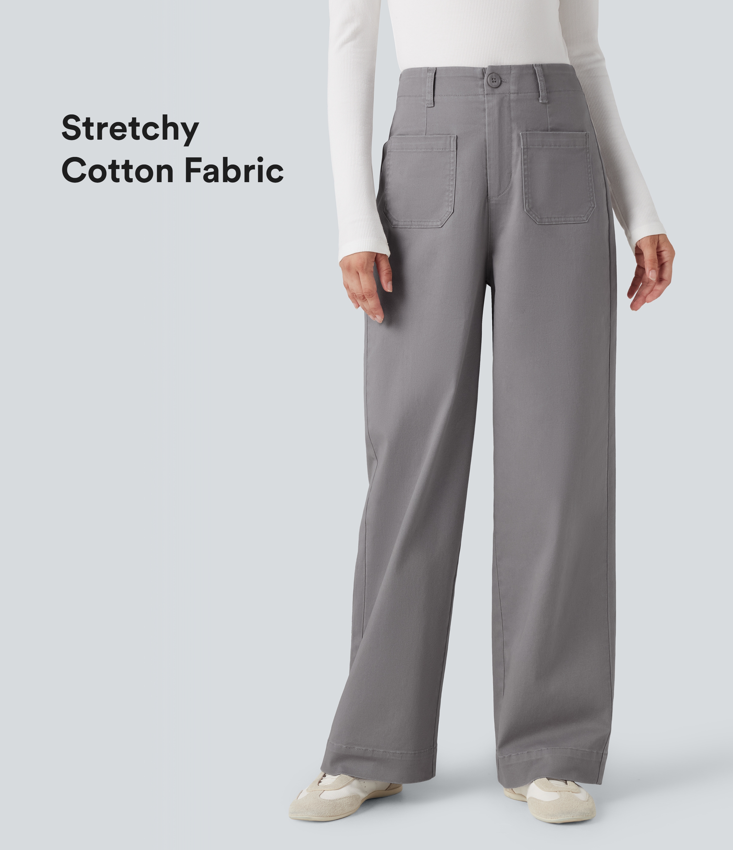 Lässige Chino-Hose aus Baumwolle mit hohem Bund, mehreren Taschen und geradem Bein