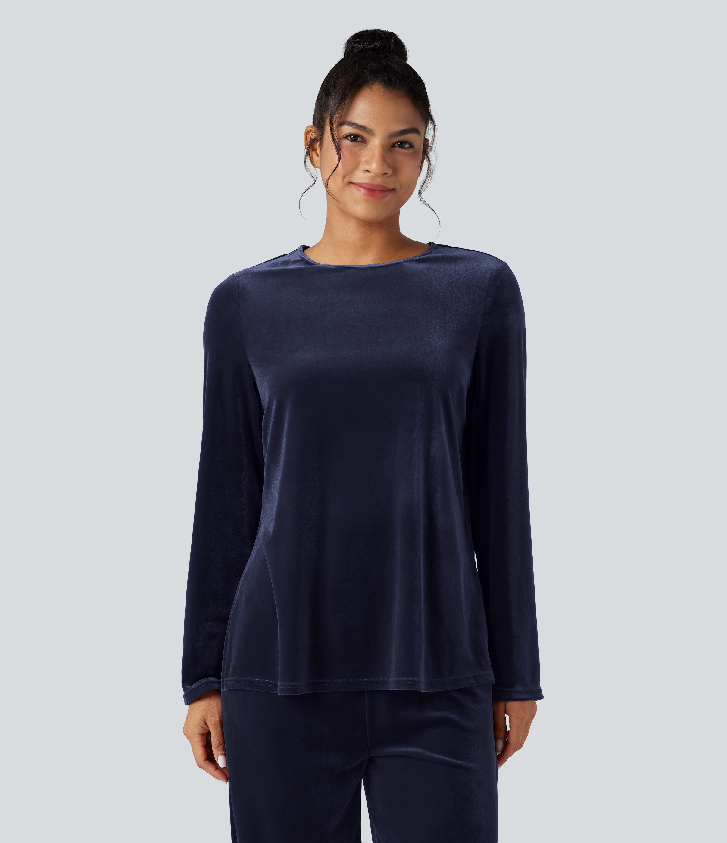 Round Neck Long Sleeve Split Hem Velvet Lounge Top