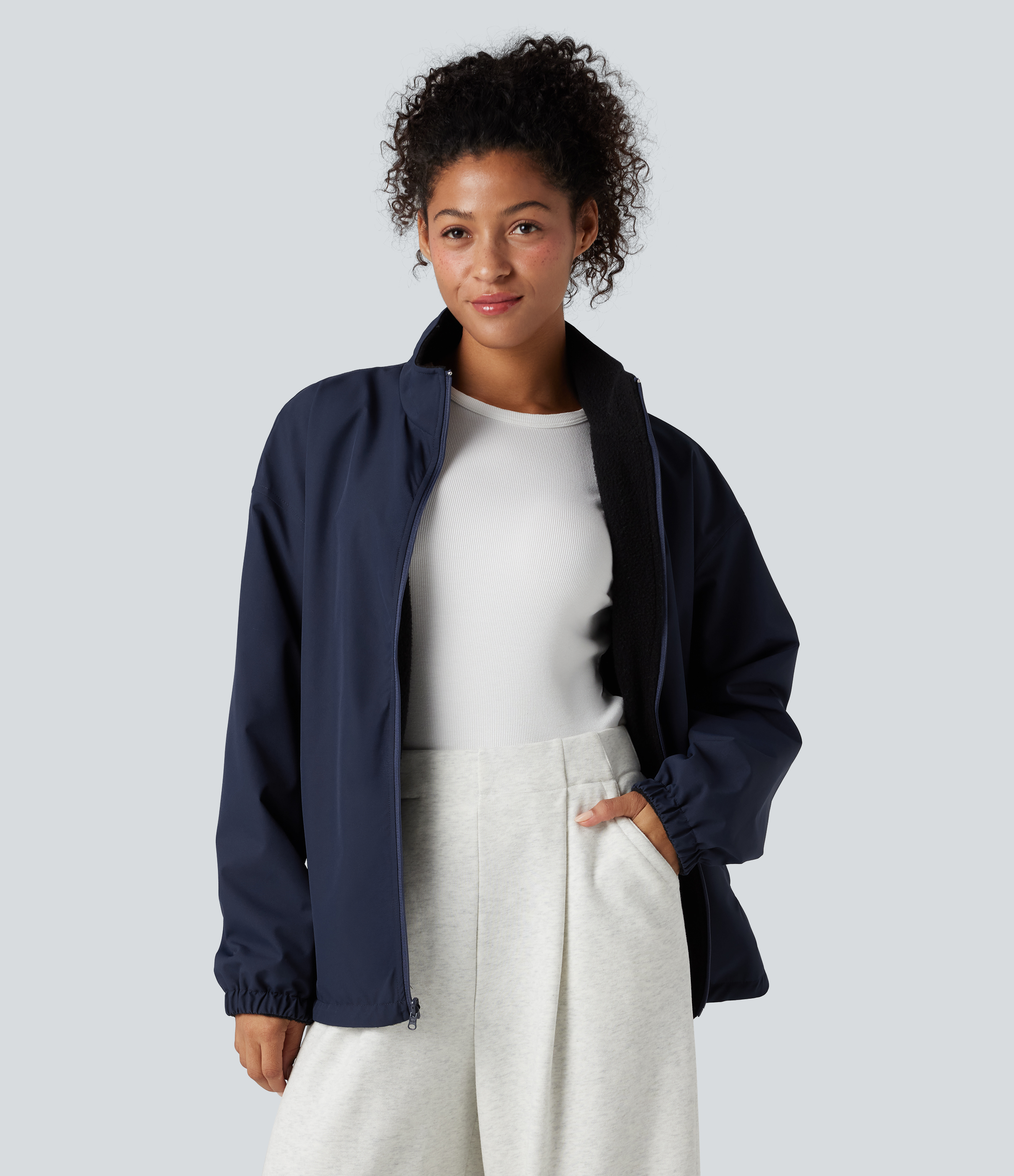 Reversible High Neck Long Sleeve Zipper Fleece Hiking Jacket with Pockets (Two Looks in One)