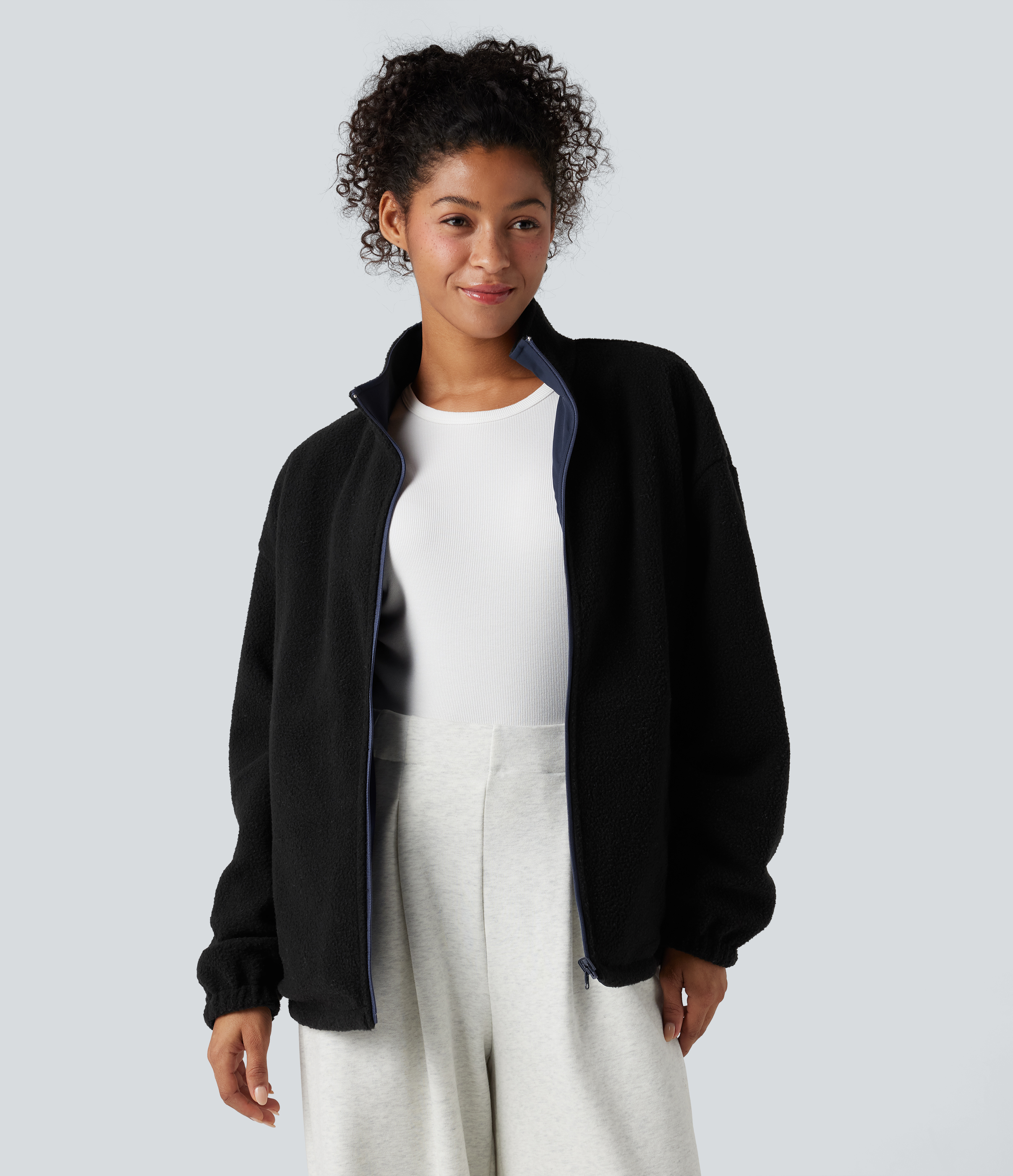 Navy Blazer Reversible High Neck Long Sleeve Zipper Fleece Hiking Jacket with Pockets (Two Looks in One) / 2