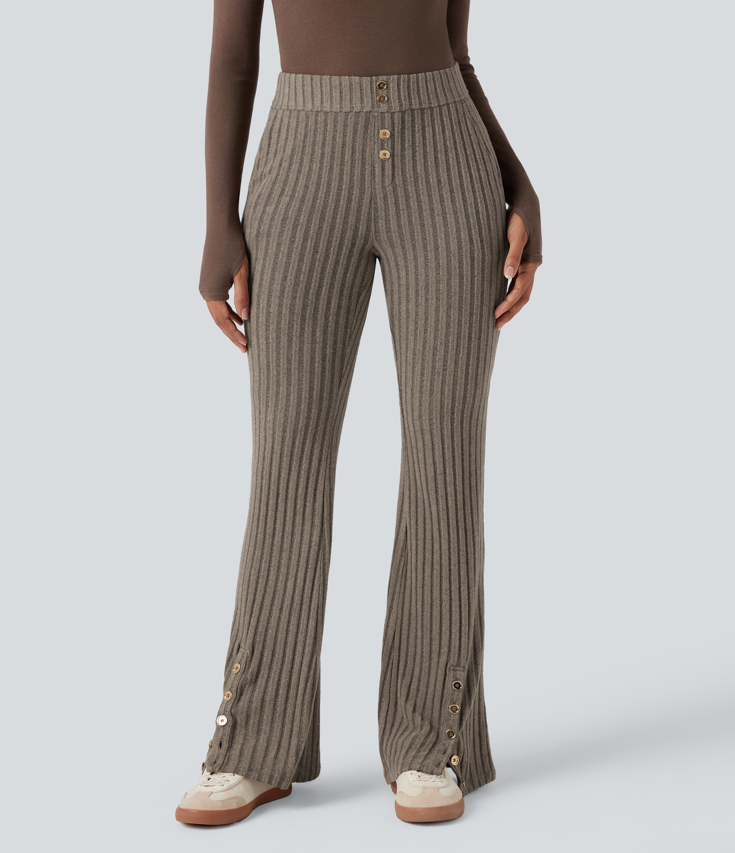 Ribbed Knit Mid Rise Button Split Hem Casual Flare Pants with Pockets
