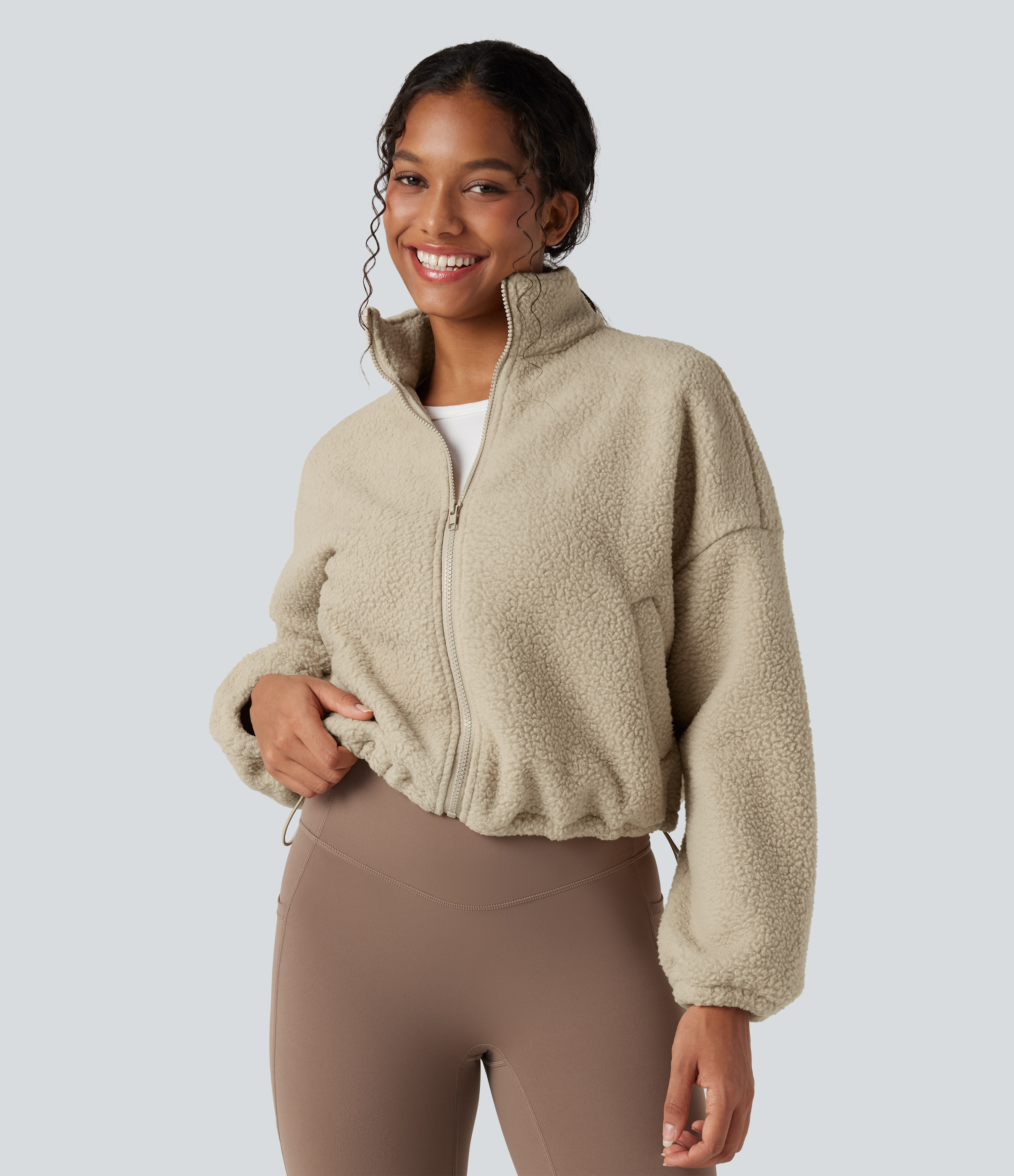 White Pepper High Neck Long Sleeve Zipper Fleece Workout Jacket with Pockets / 2