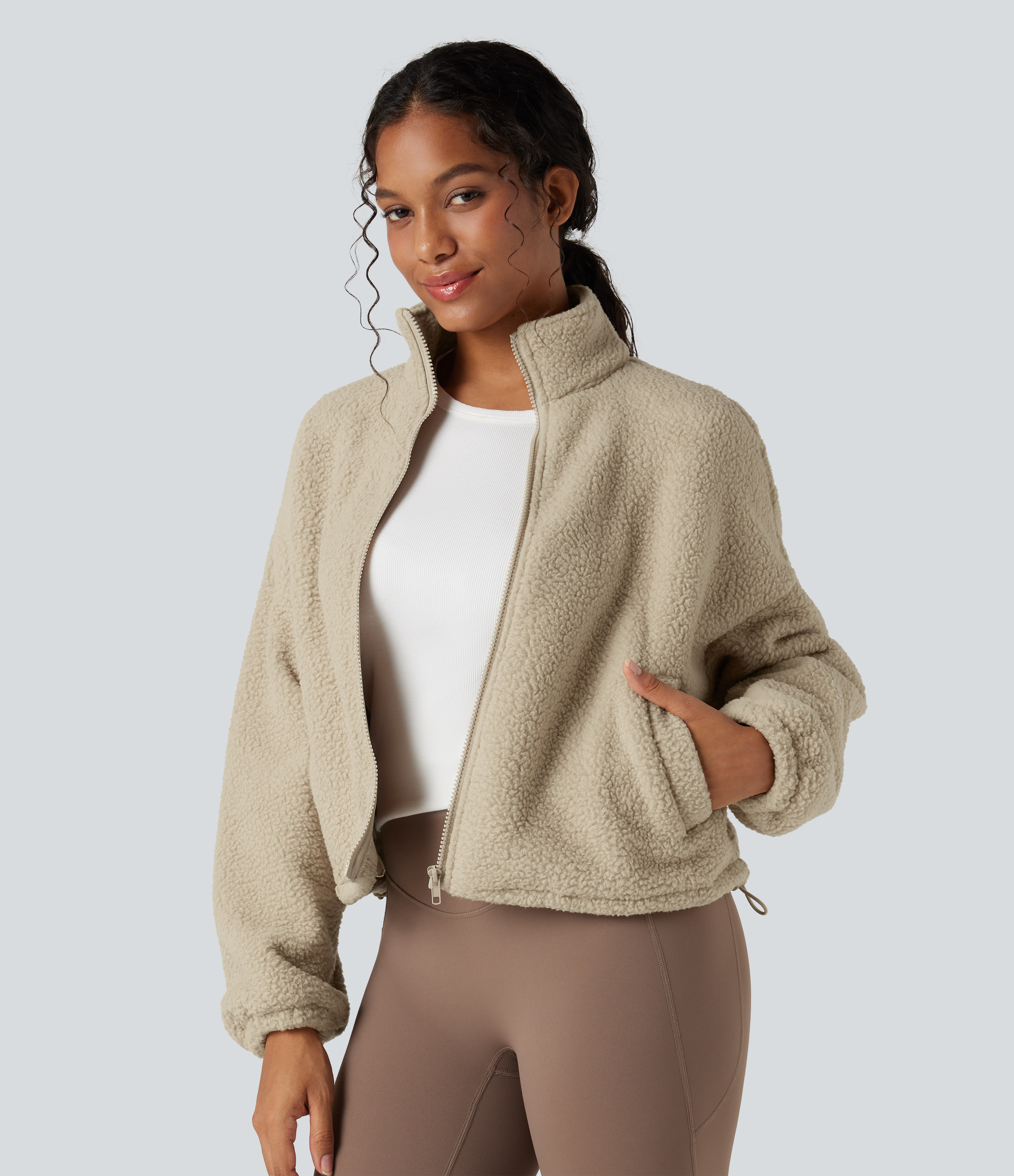 High Neck Long Sleeve Zipper Fleece Workout Jacket with Pockets