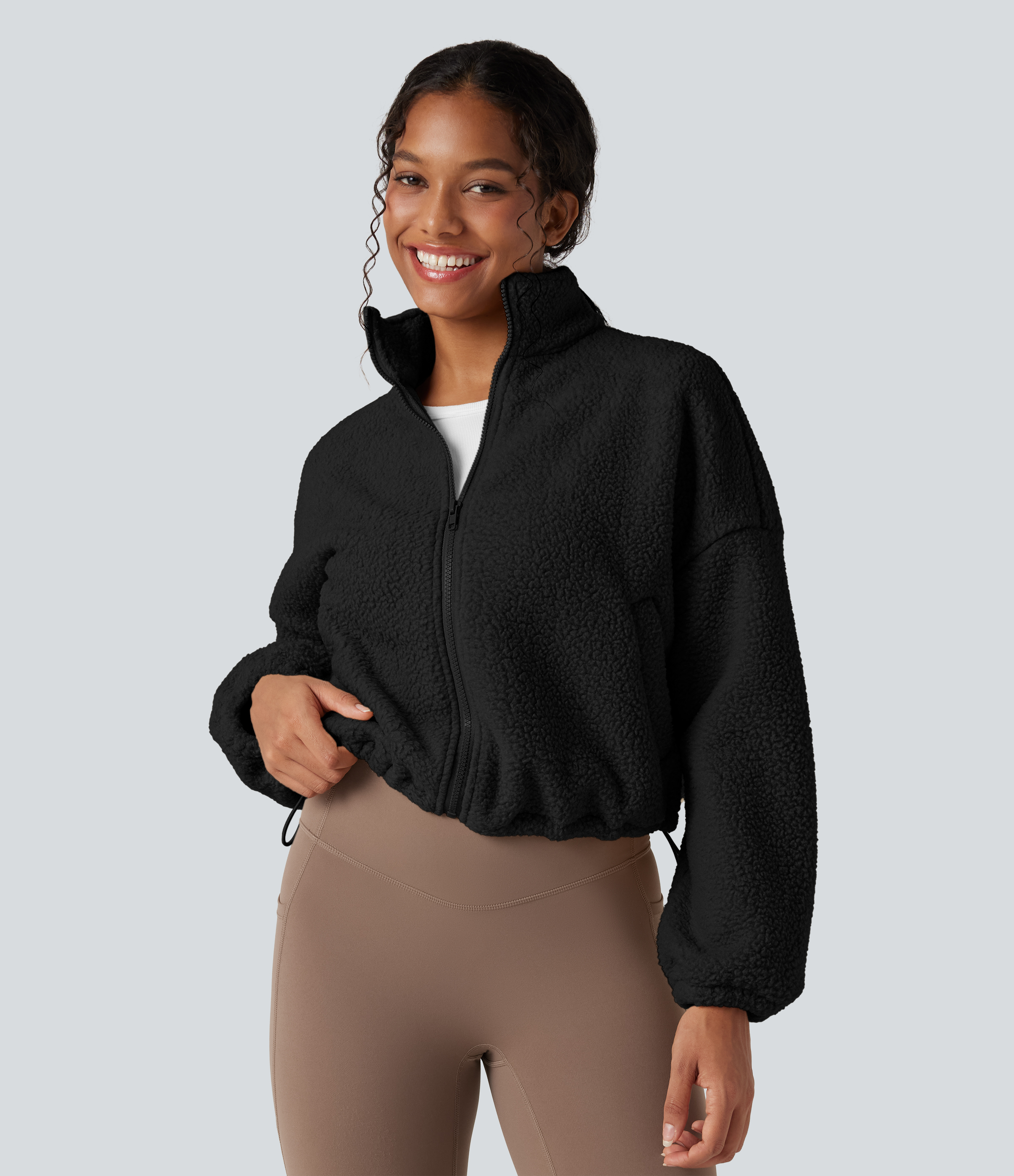 Black High Neck Long Sleeve Zipper Fleece Workout Jacket with Pockets / 2