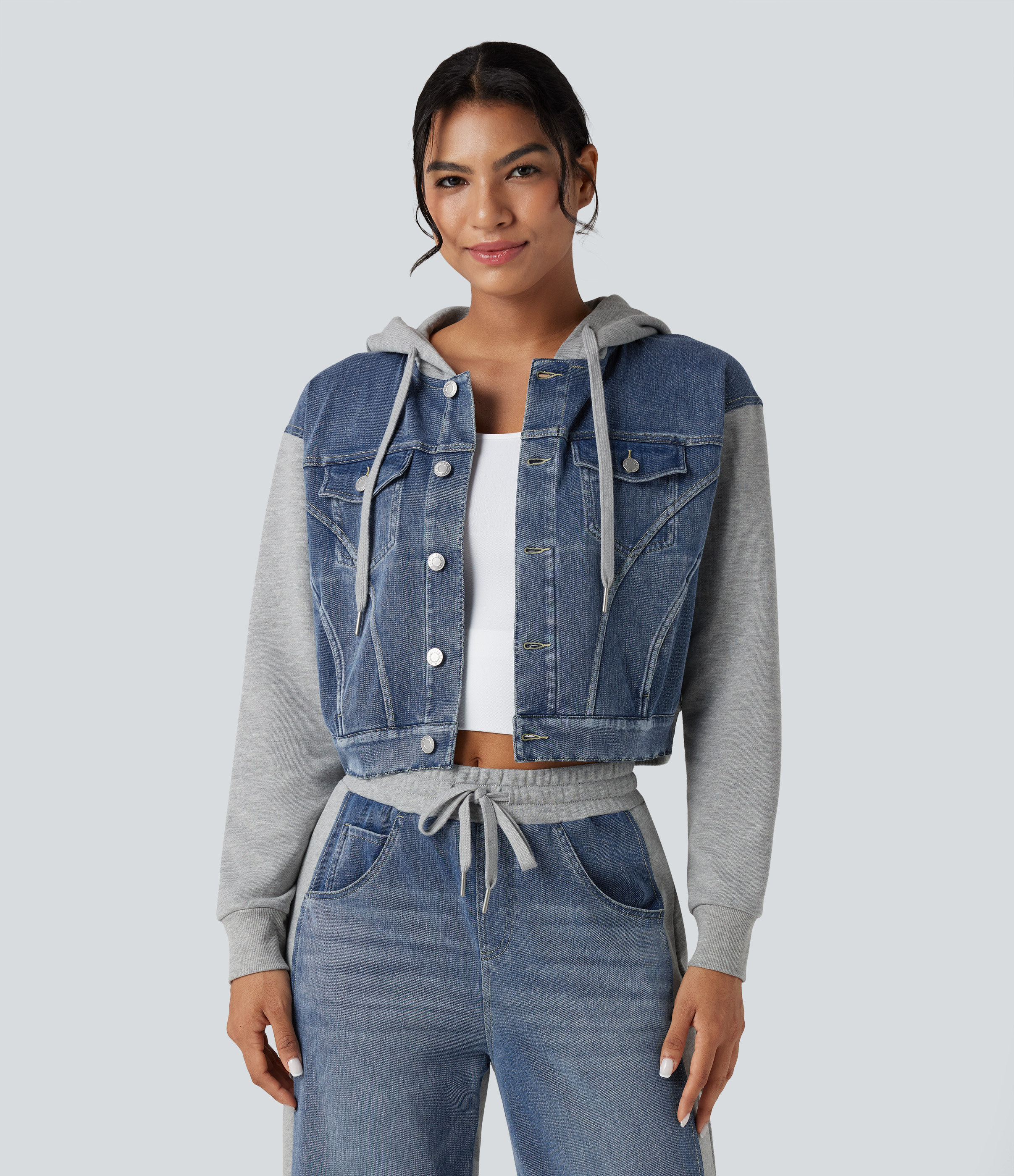 Halara Flex™ Hooded Drawstring Long Sleeve Patchwork Denim Casual Jacket
