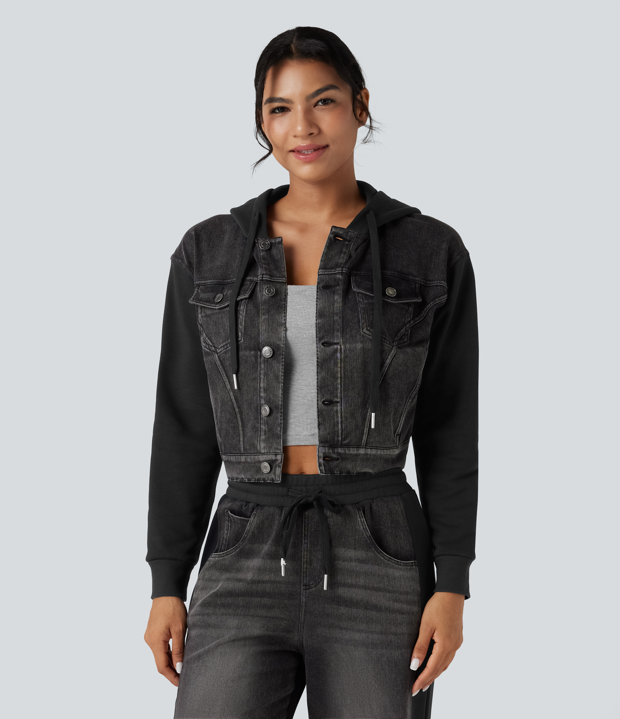 Halara Flex™ Hooded Drawstring Long Sleeve Patchwork Denim Casual Jacket