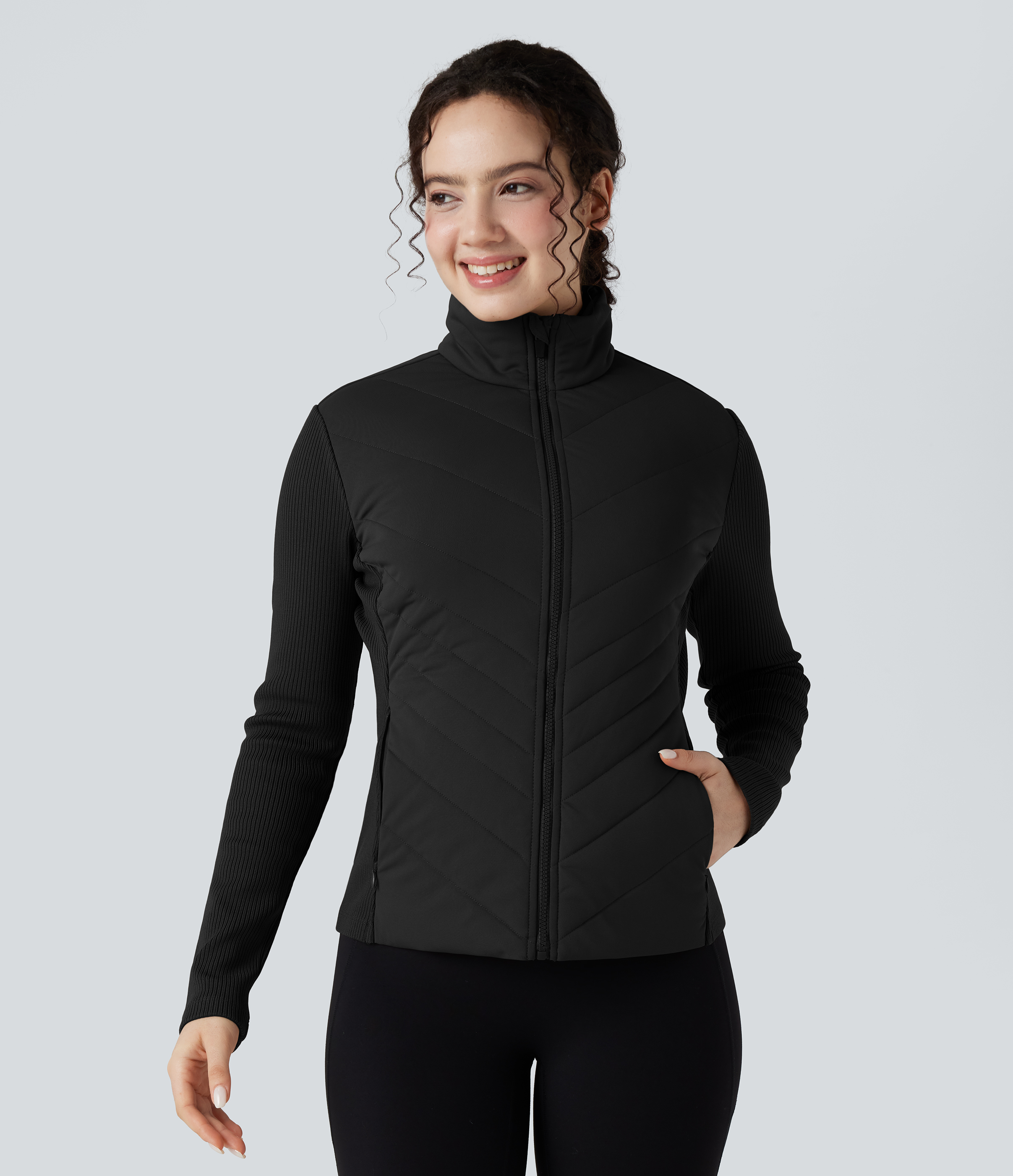 High-neck Contrast Ribbed Slim Casual Quilted Jacket with Pockets