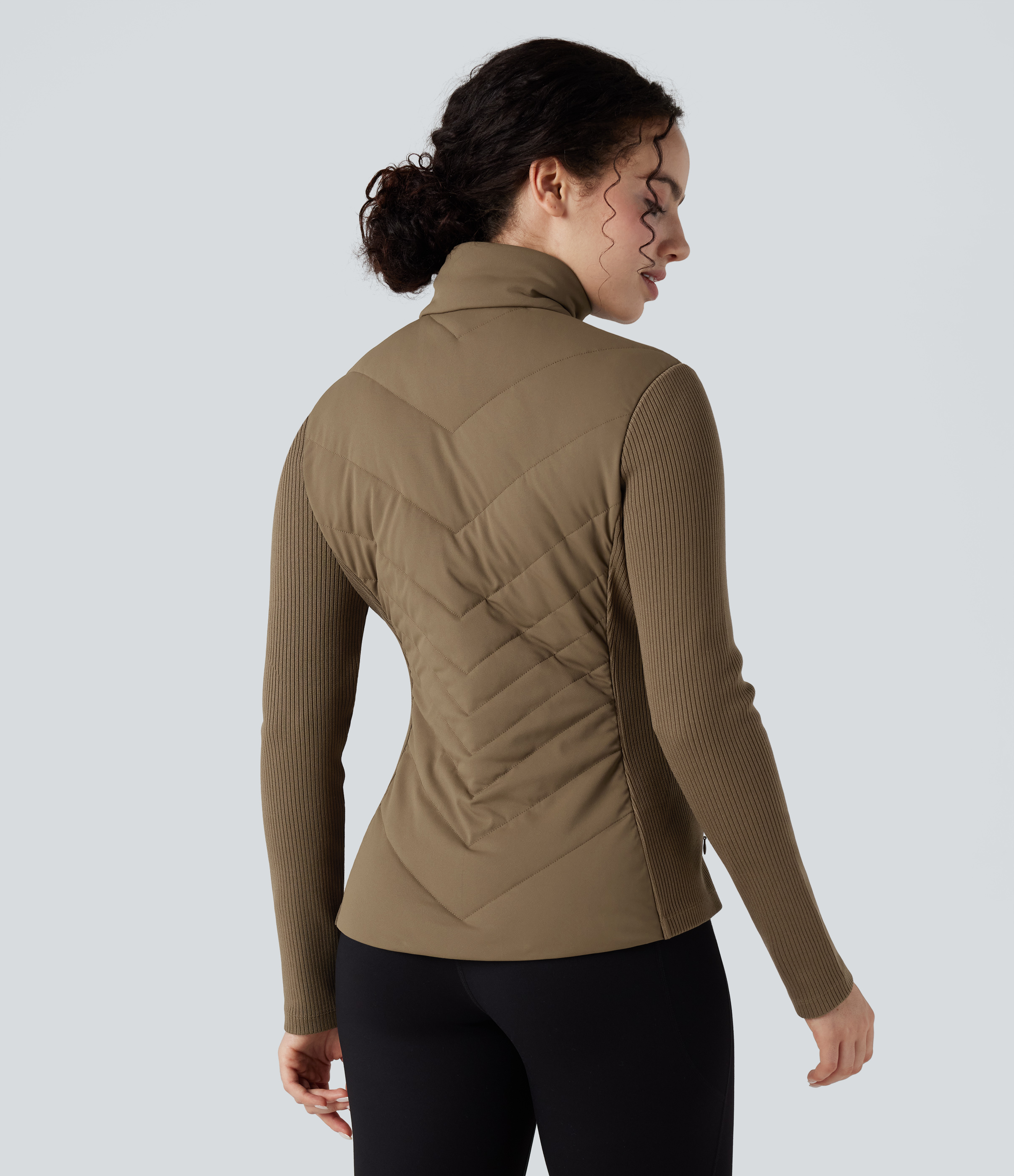 Chestnut Brown High-neck Contrast Ribbed Slim Casual Quilted Jacket with Pockets / 2