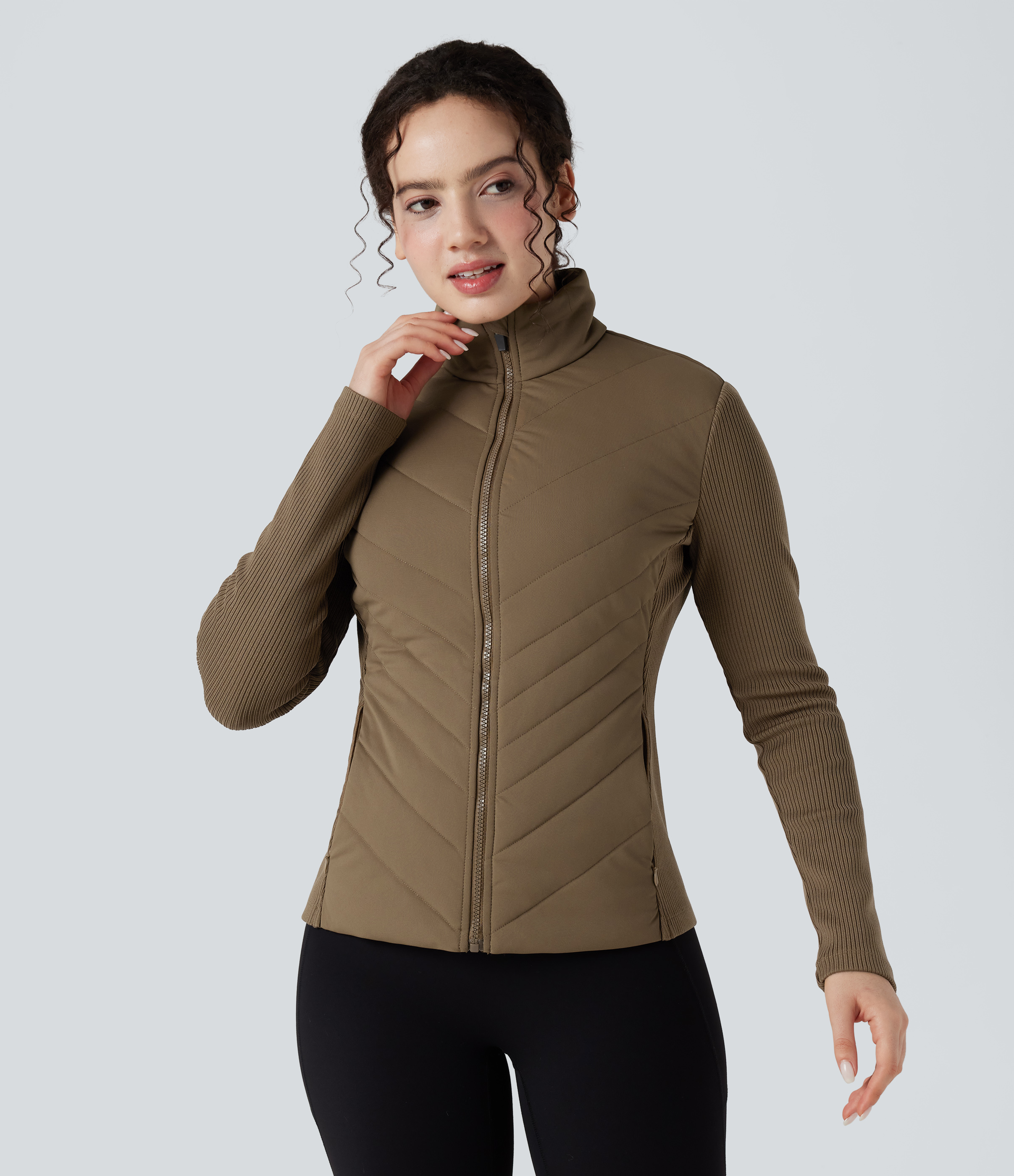 High-neck Contrast Ribbed Slim Casual Quilted Jacket with Pockets