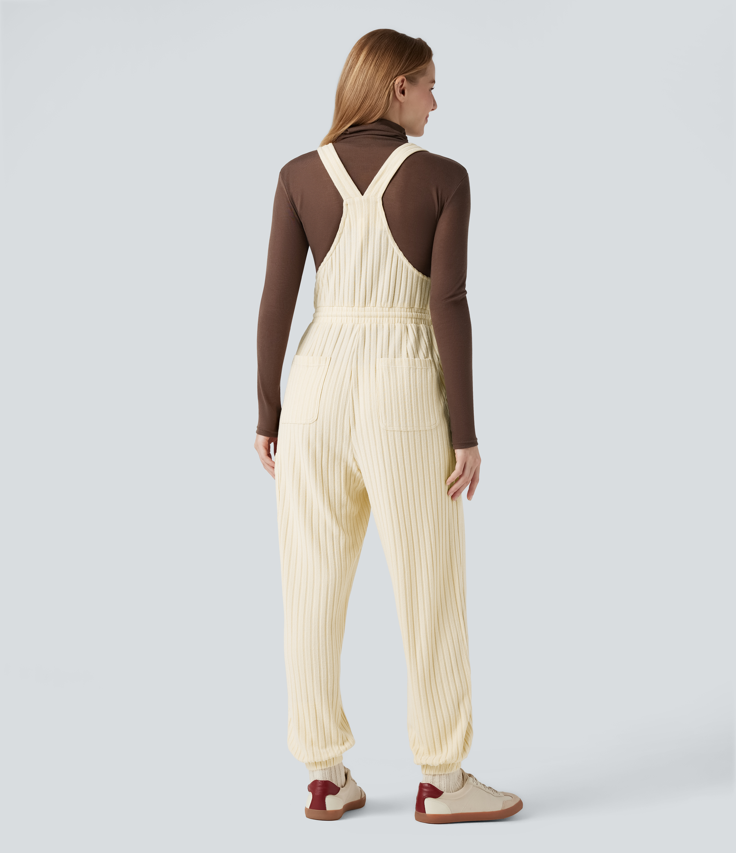 Buttercream Ribstrikket casual overall med justerbare stropper, snor og lommer / 2