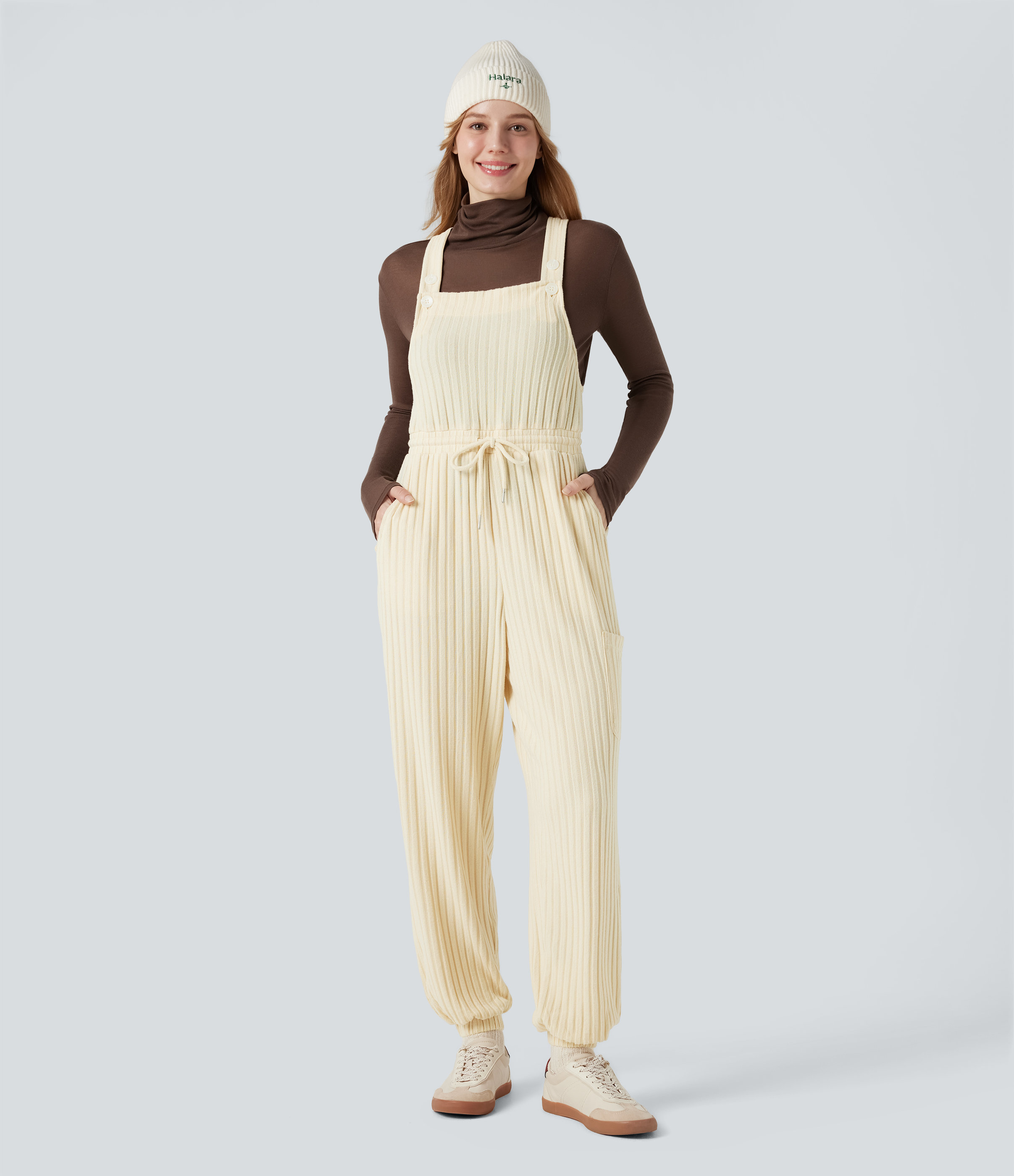 Ribbed Knit Adjustable Straps Drawstring Casual Overalls with Pockets