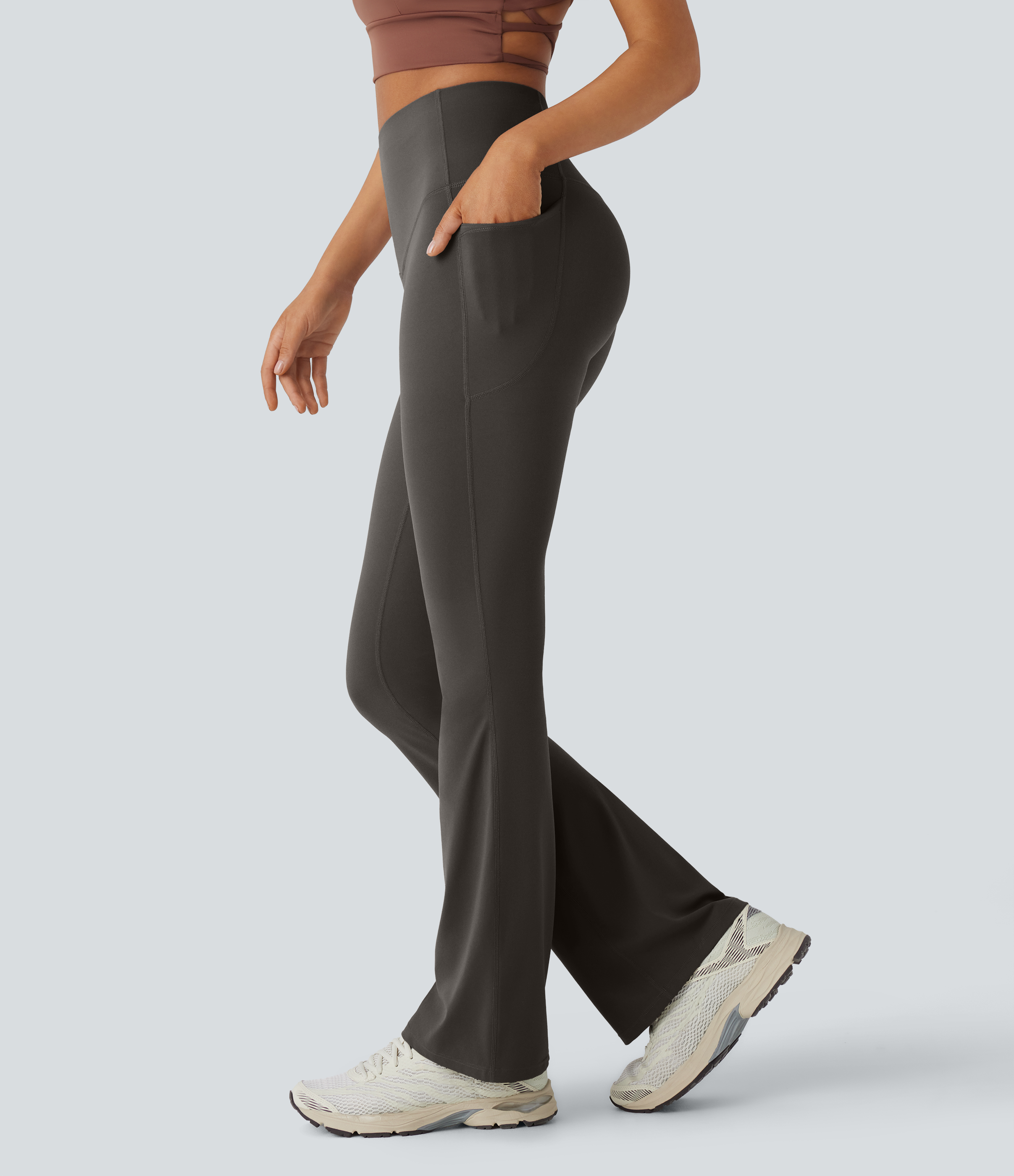 Halara UltraSculpt™ High Waisted Tummy Control Pocket Shaping Yoga Bootcut Leggings — Hazelnut Black by Halara