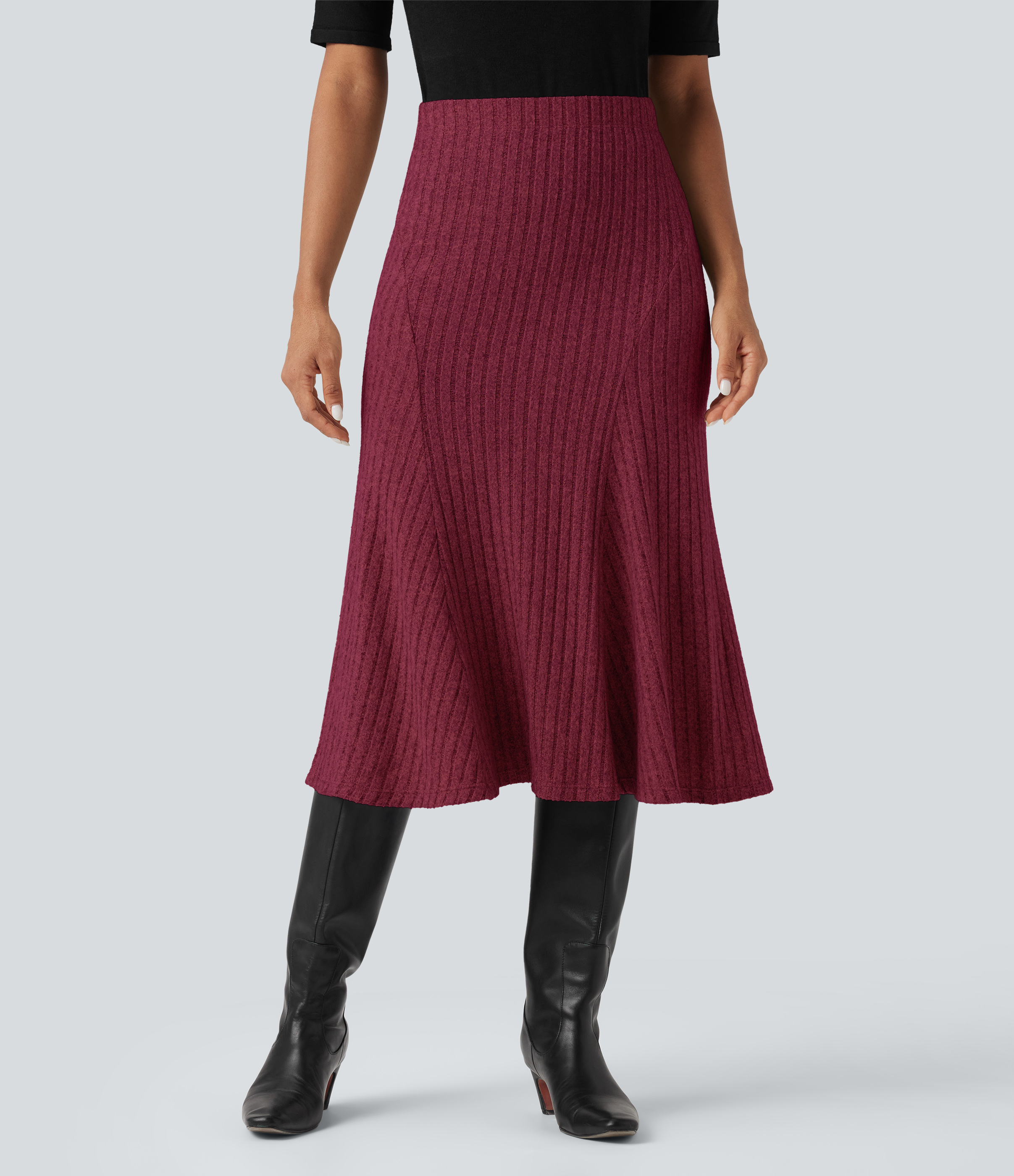 Ribbed Knit High-waisted Midi Casual A-line Skirt