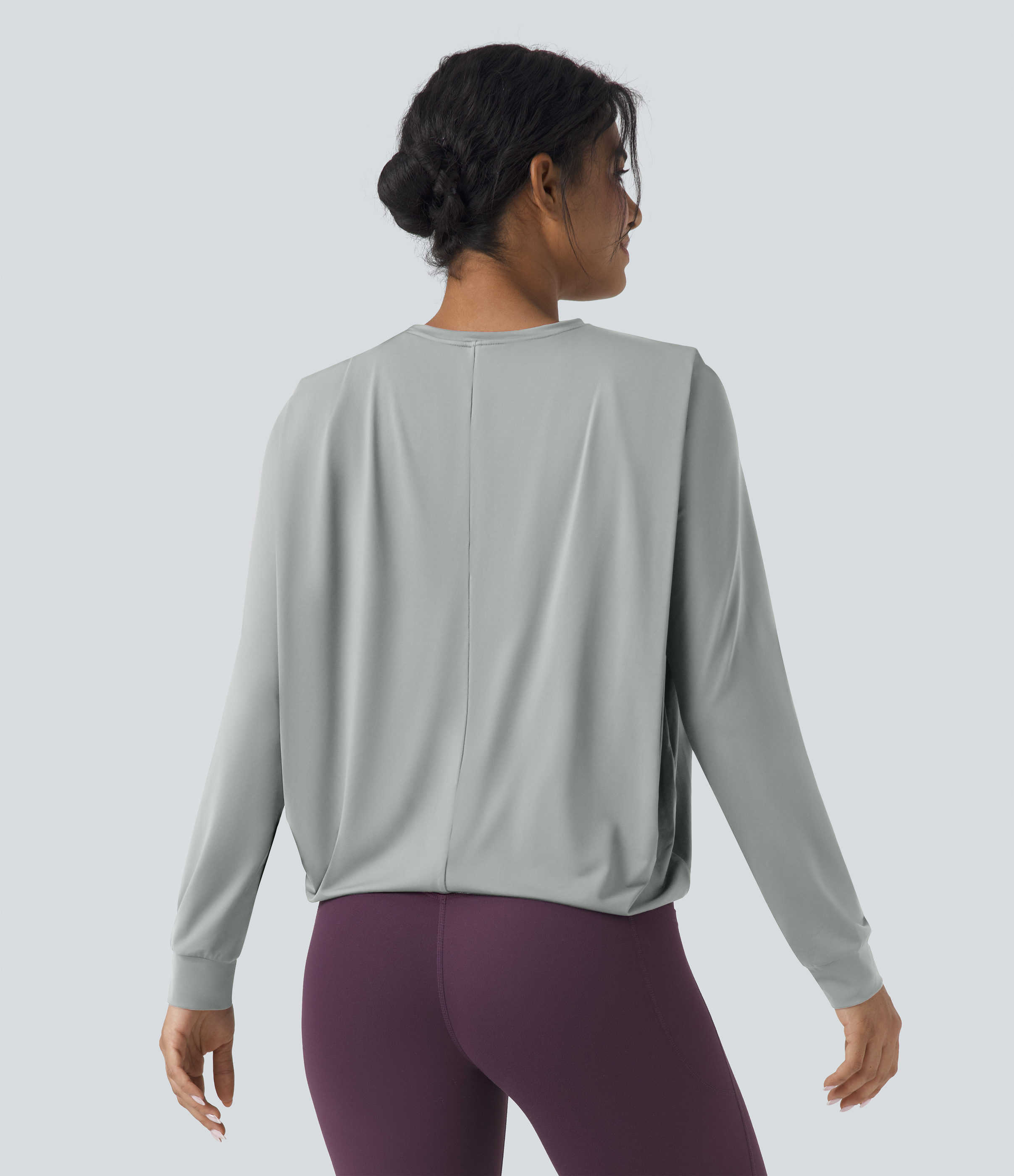 Mirage Gray Round Neck Long Sleeve Ruched Yoga Sports Top-UPF50+ / 2