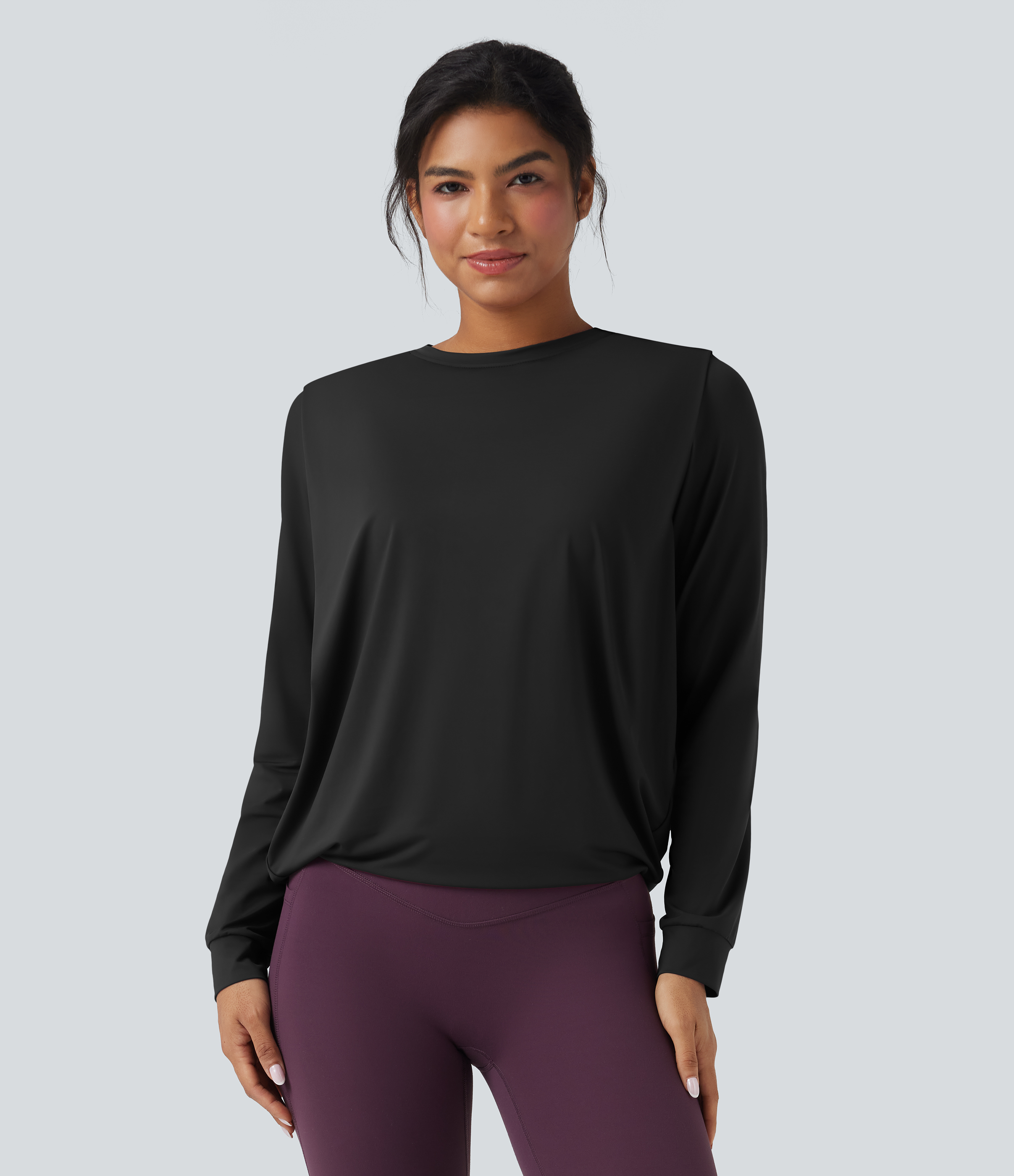 Round Neck Long Sleeve Ruched Yoga Sports Top-UPF50+