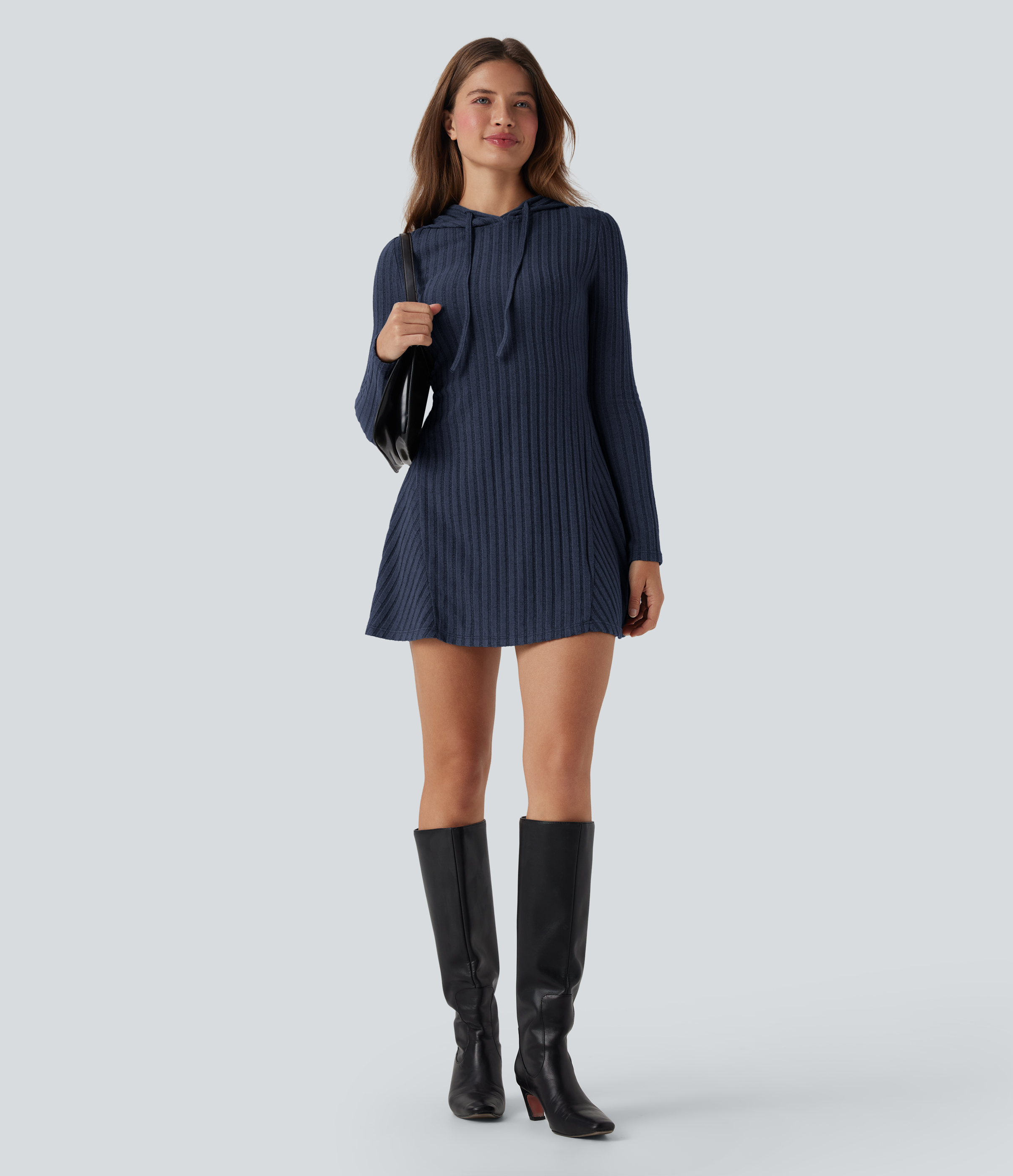 Ribbed Knit Hooded Drawstring Long Sleeve Mini Casual Dress