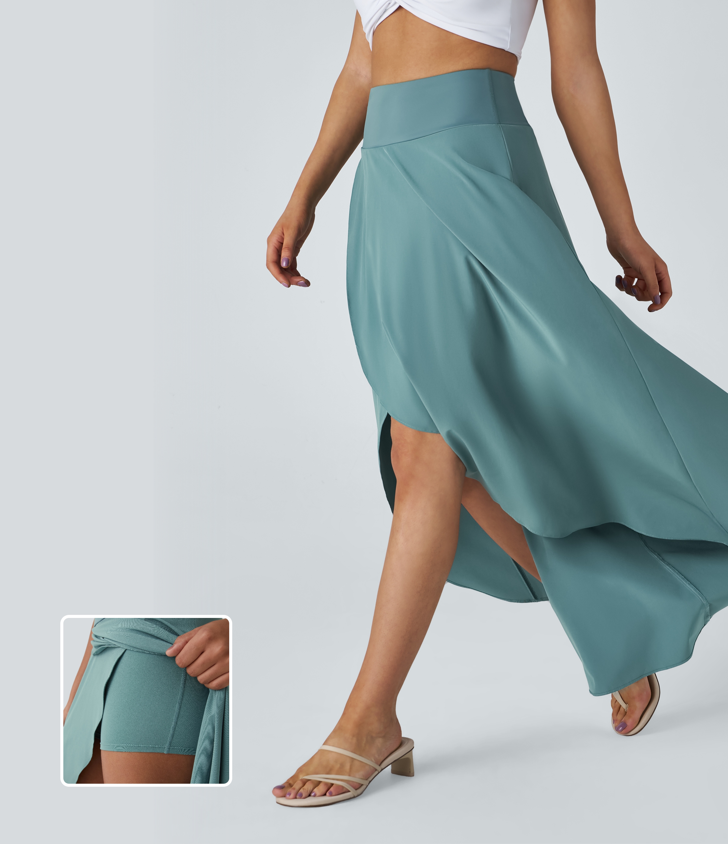 Breezeful™ High Waisted High Low Ruffle 2-in-1 Flowy Quick Dry Casual Regular Women Long Maxi Skirt