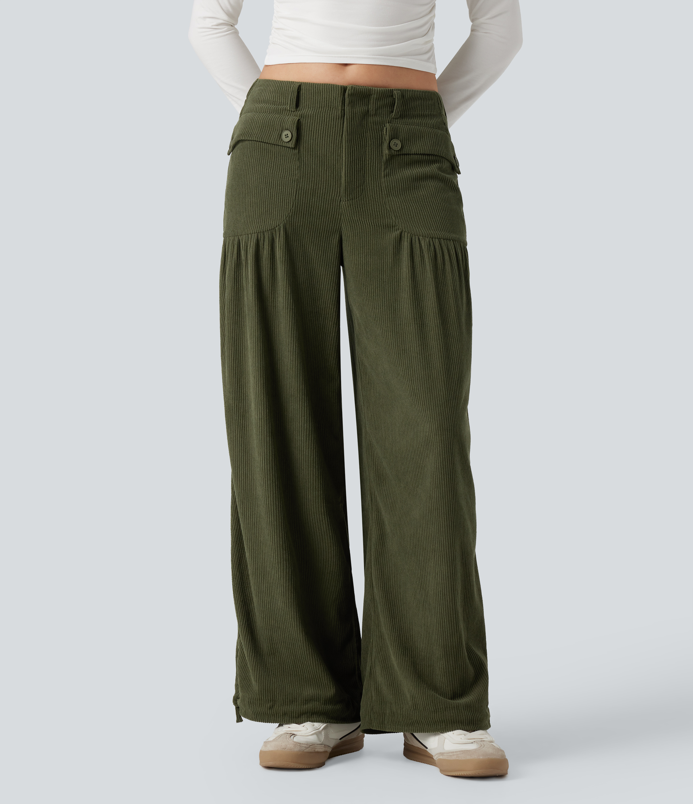 Hazel Mist Green Pantalon décontracté large taille mi-haute en velours côtelé avec poches / 2