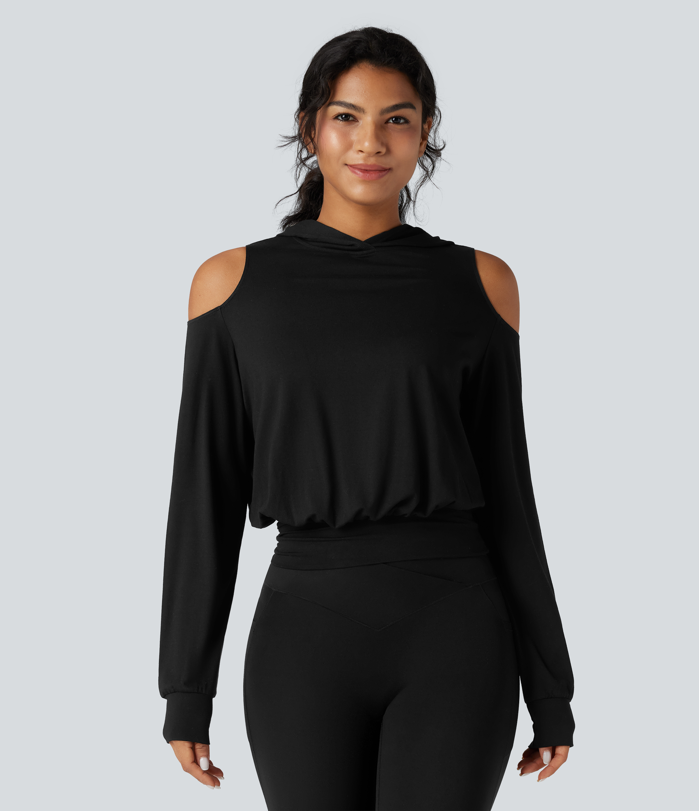 Hooded Cold Shoulder Long Sleeve Workout Sports Sweatshirt
