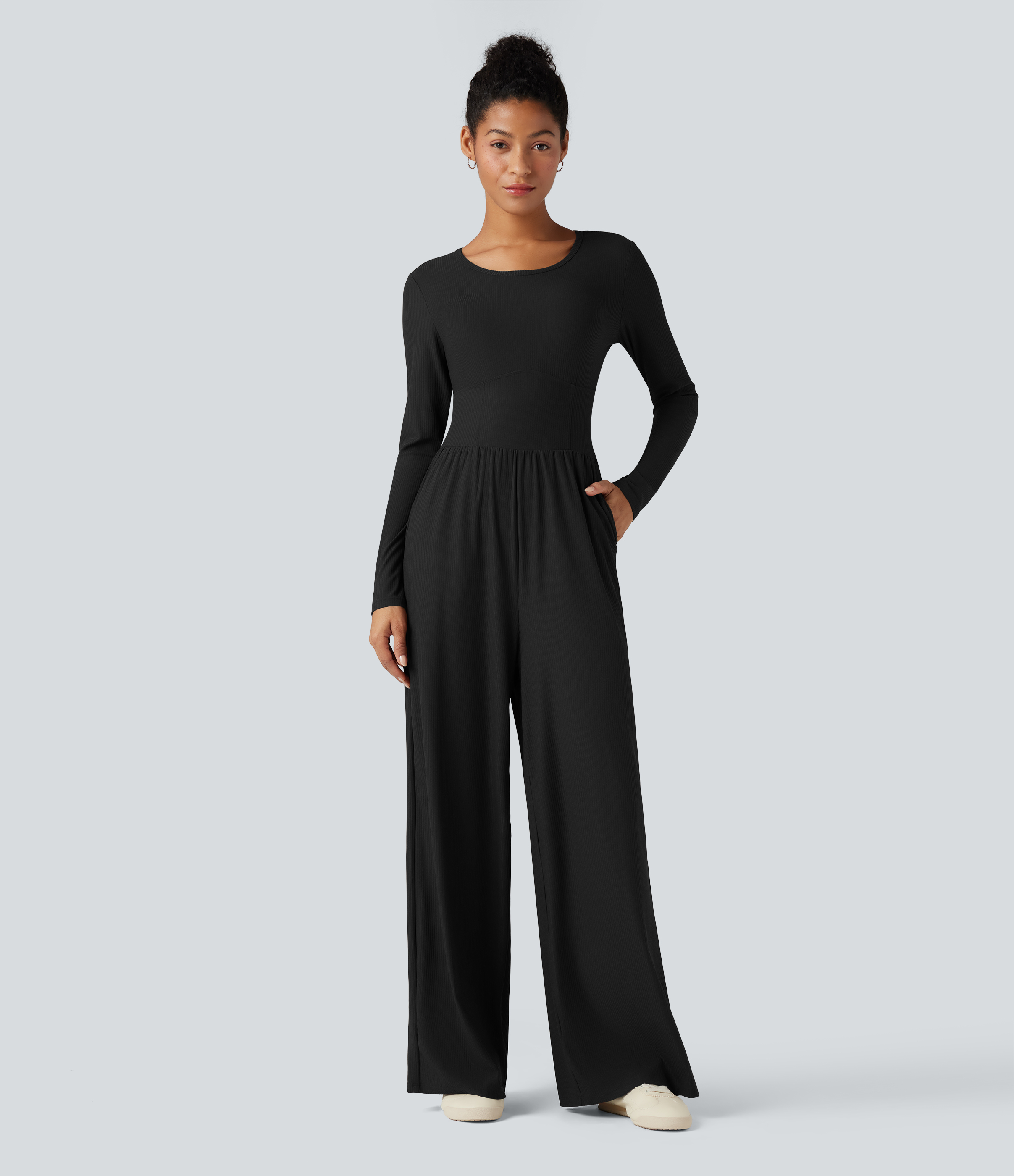 Ribbed Round Neck Long Sleeve Corset Casual Jumpsuit with Pockets-Easy Peezy Edition