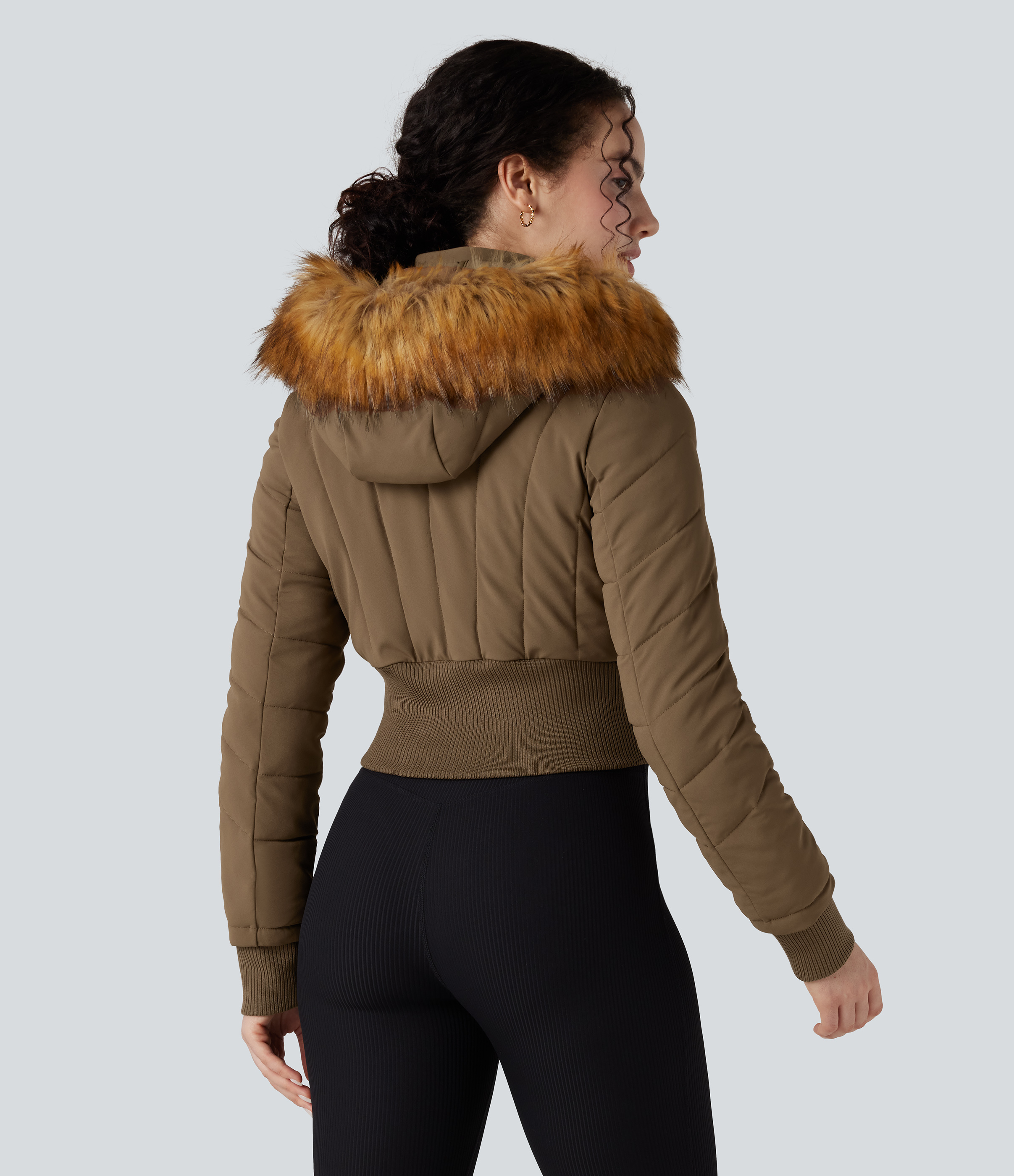 Chestnut Brown PuffFlex Removable Faux Fur Trim Hooded Long Sleeve Casual Quilted Jacket / 2