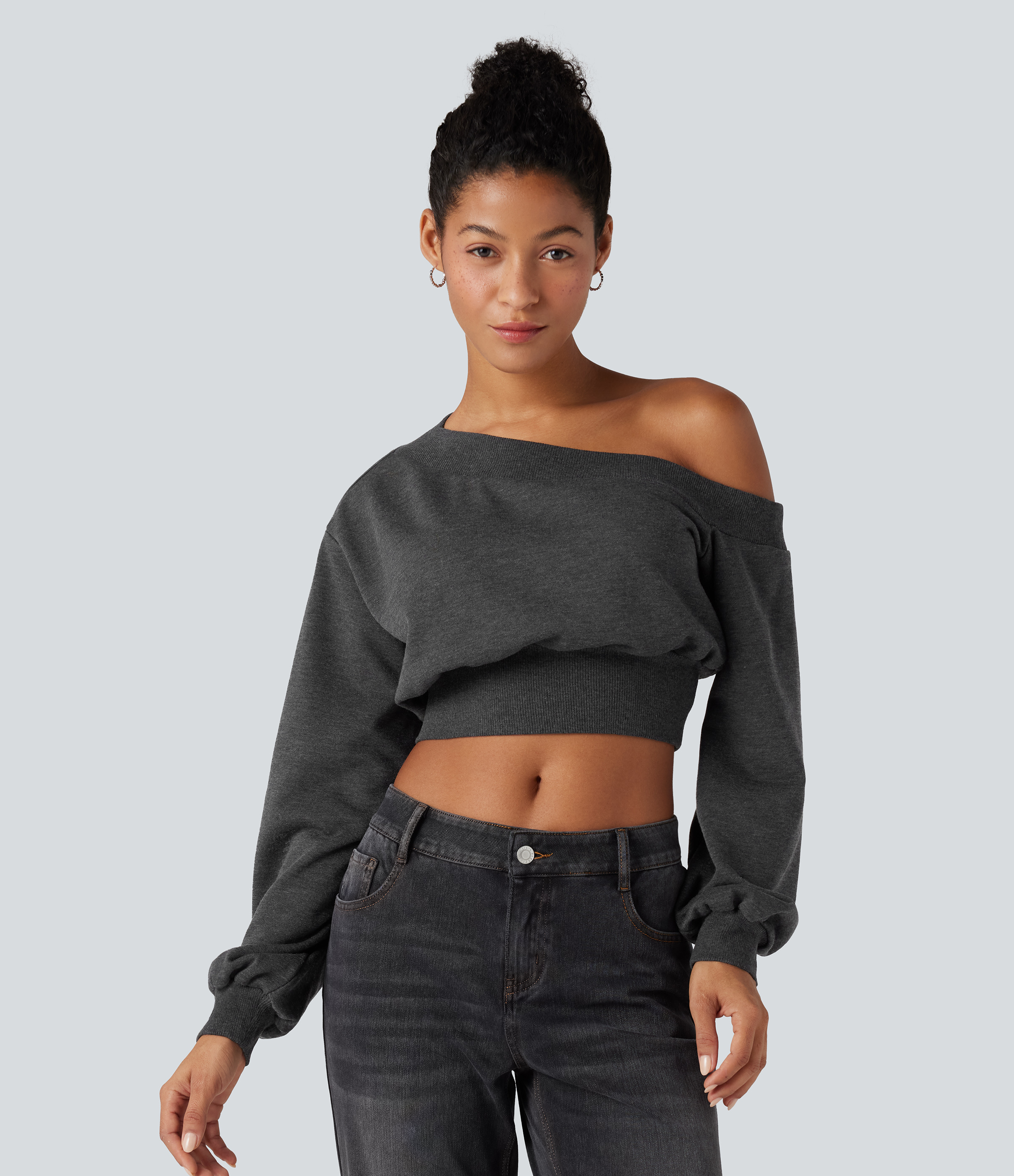One-shoulder Long Sleeve Cropped Casual Sweatshirt