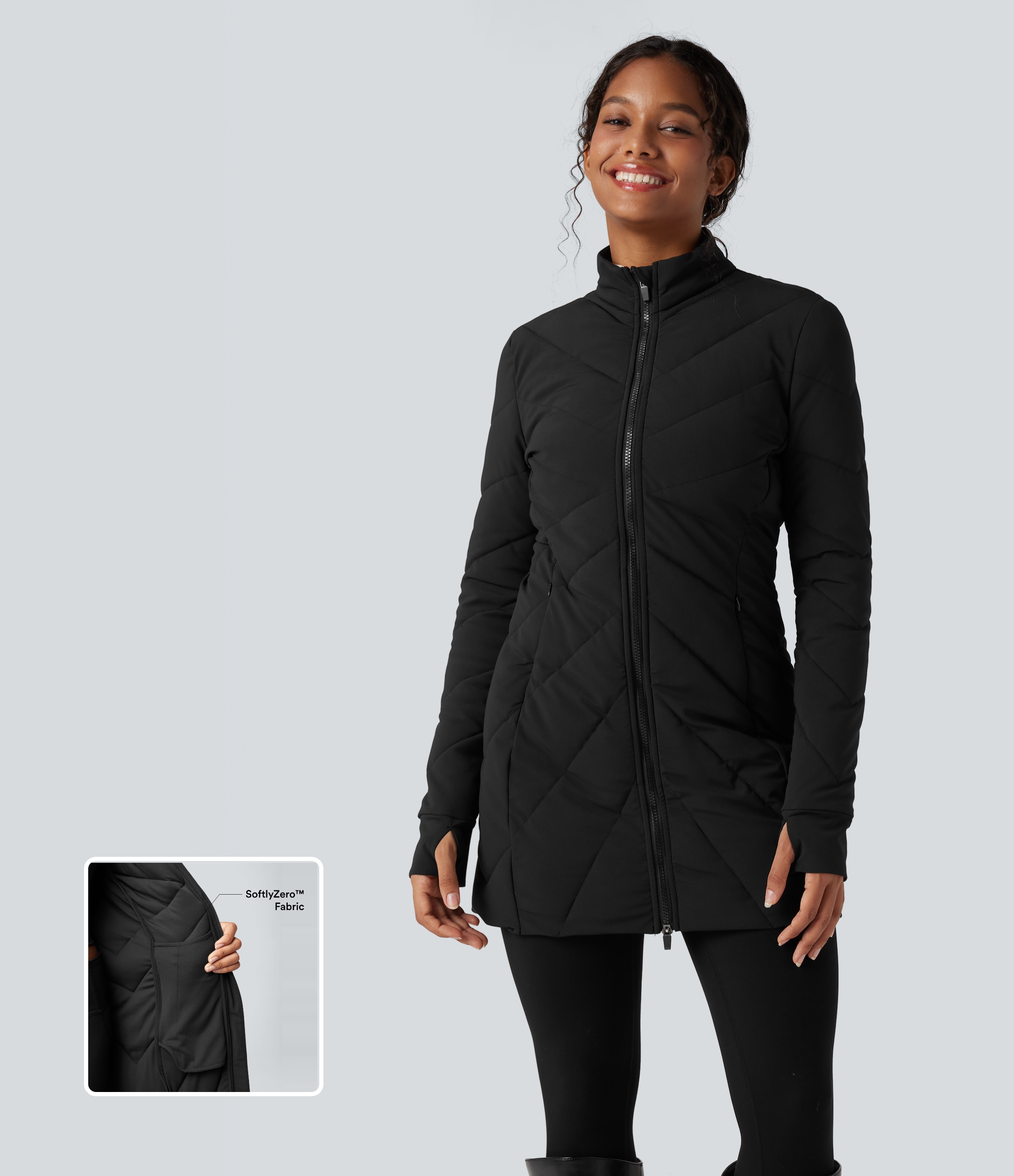 PuffFlex Stand Collar Double Zipper Thumb Holes Casual Padded Jacket with Pockets