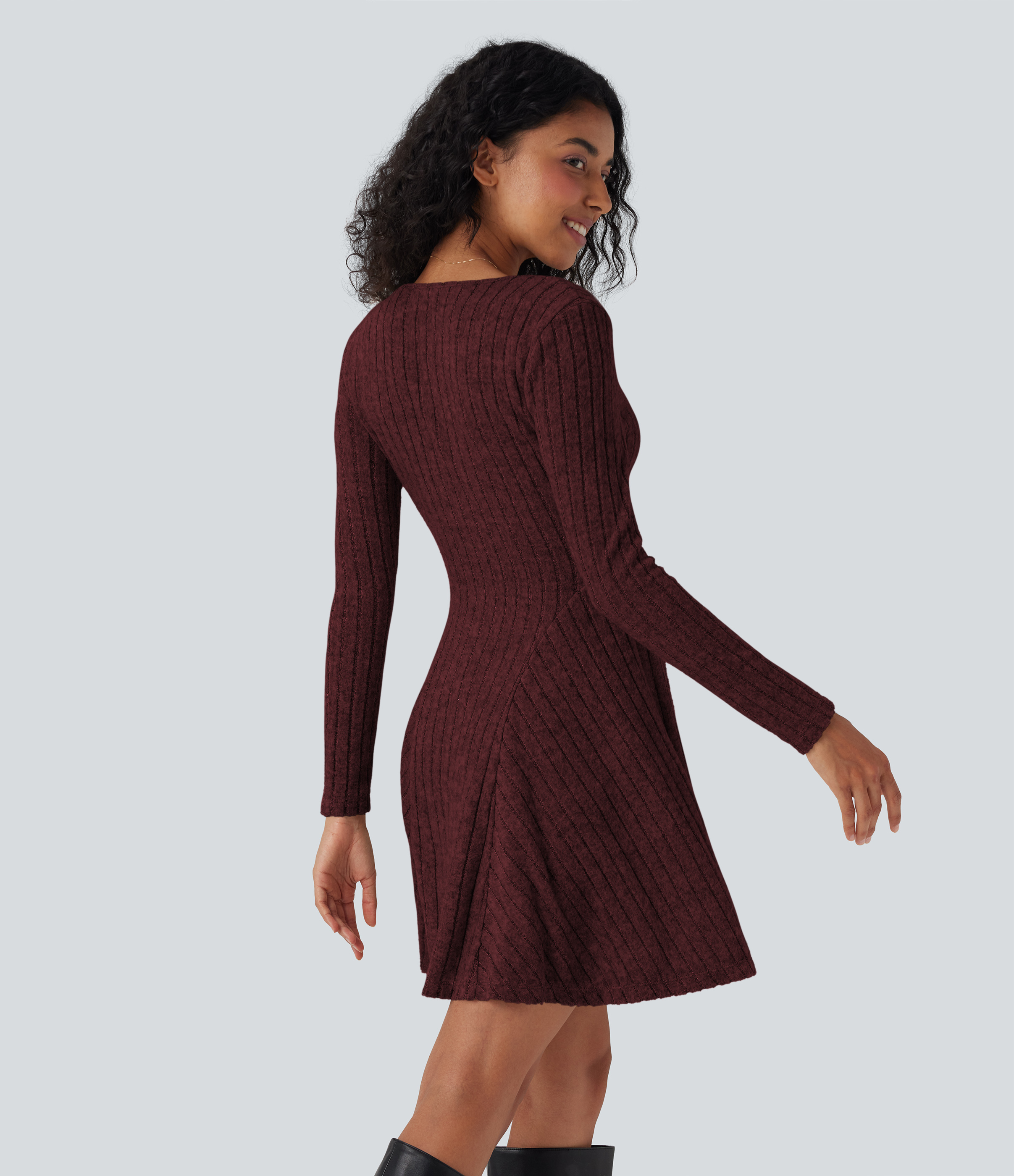 Wine Red Floral Yarn Ausgestelltes Minikleid aus geripptem Strick mit V-Ausschnitt und langen Ärmeln / 2