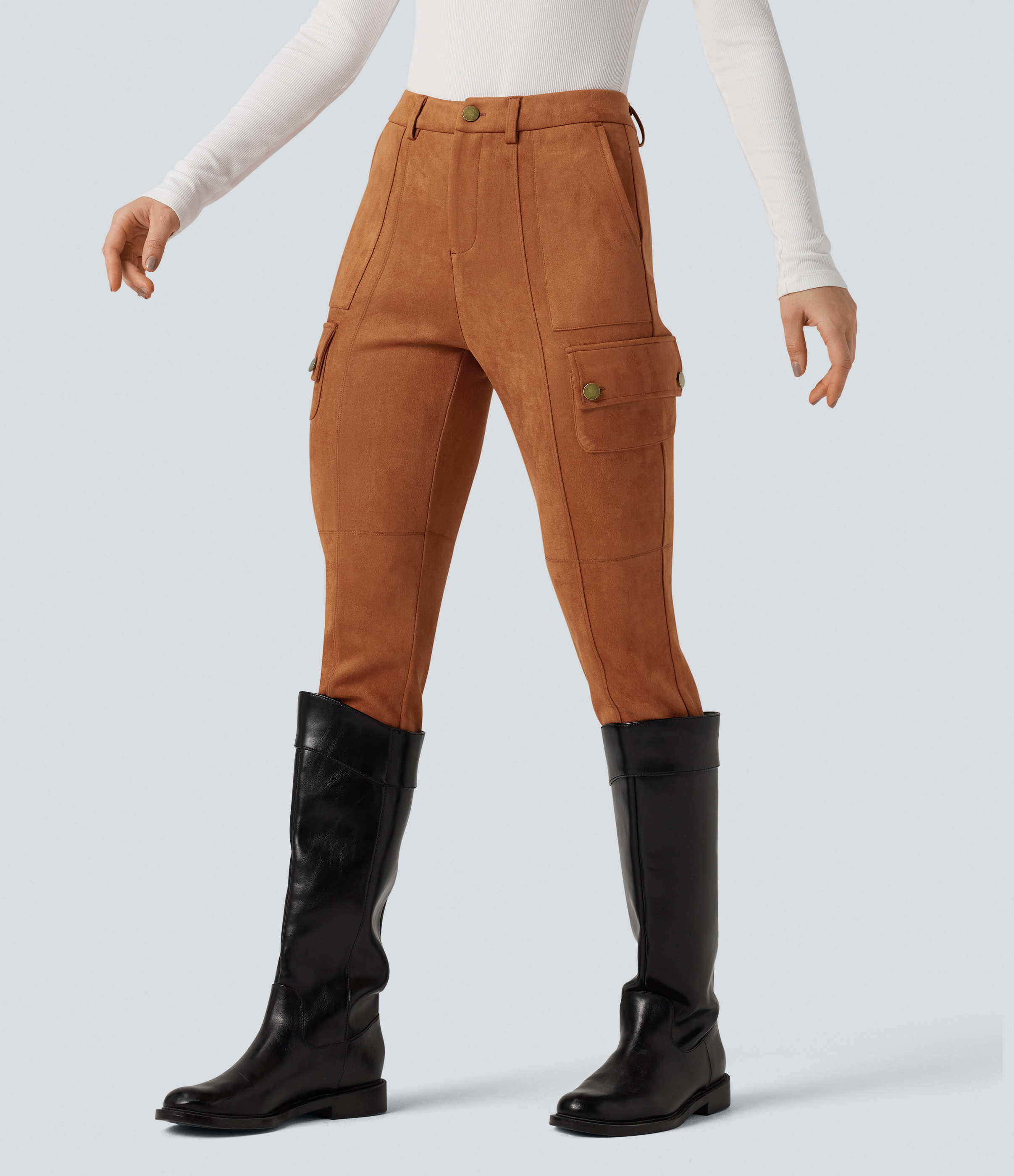 Women's High Waisted Suede Equestrian Cargo Pants with Pockets