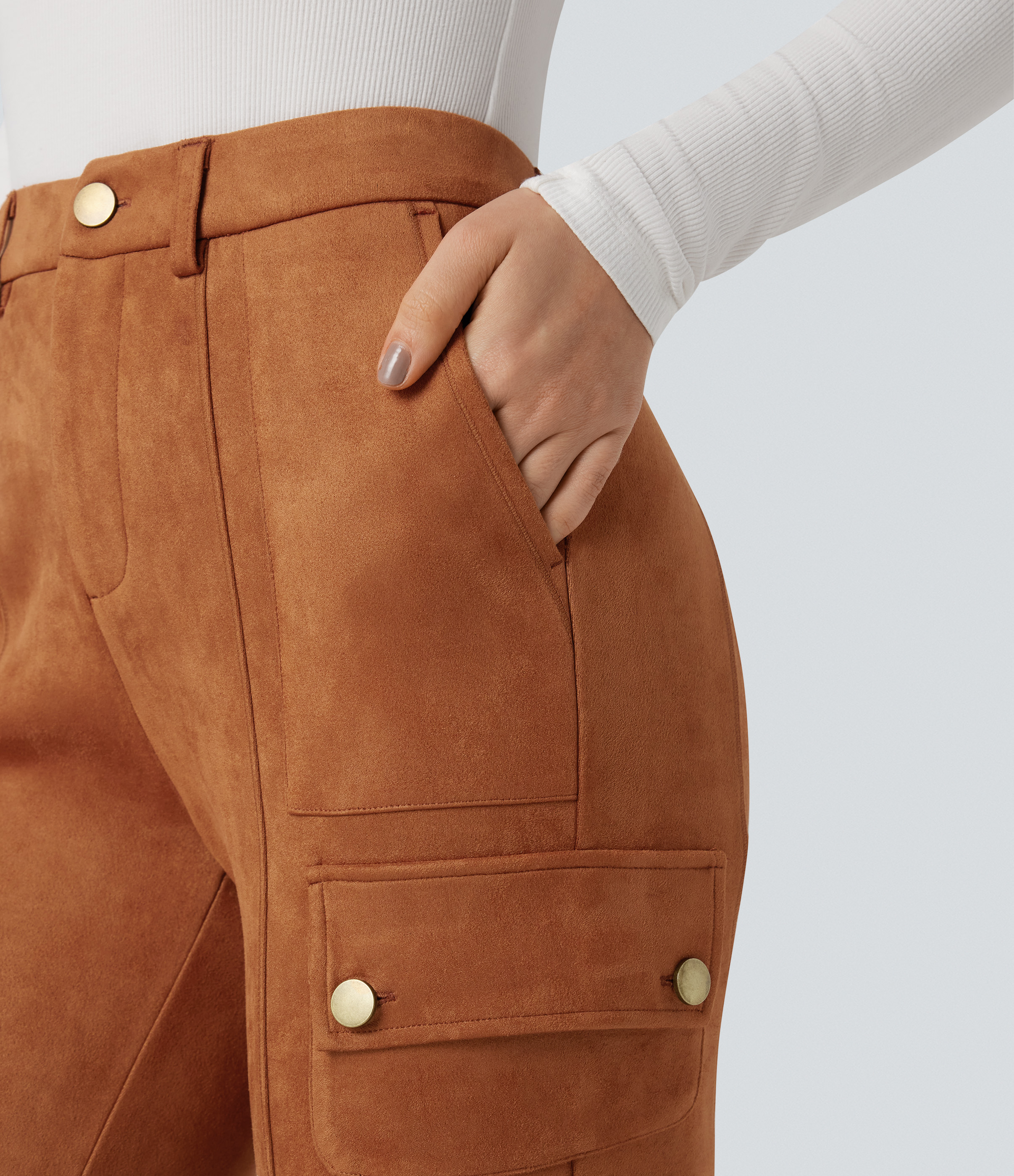 Women's High Waisted Suede Equestrian Cargo Pants with Pockets