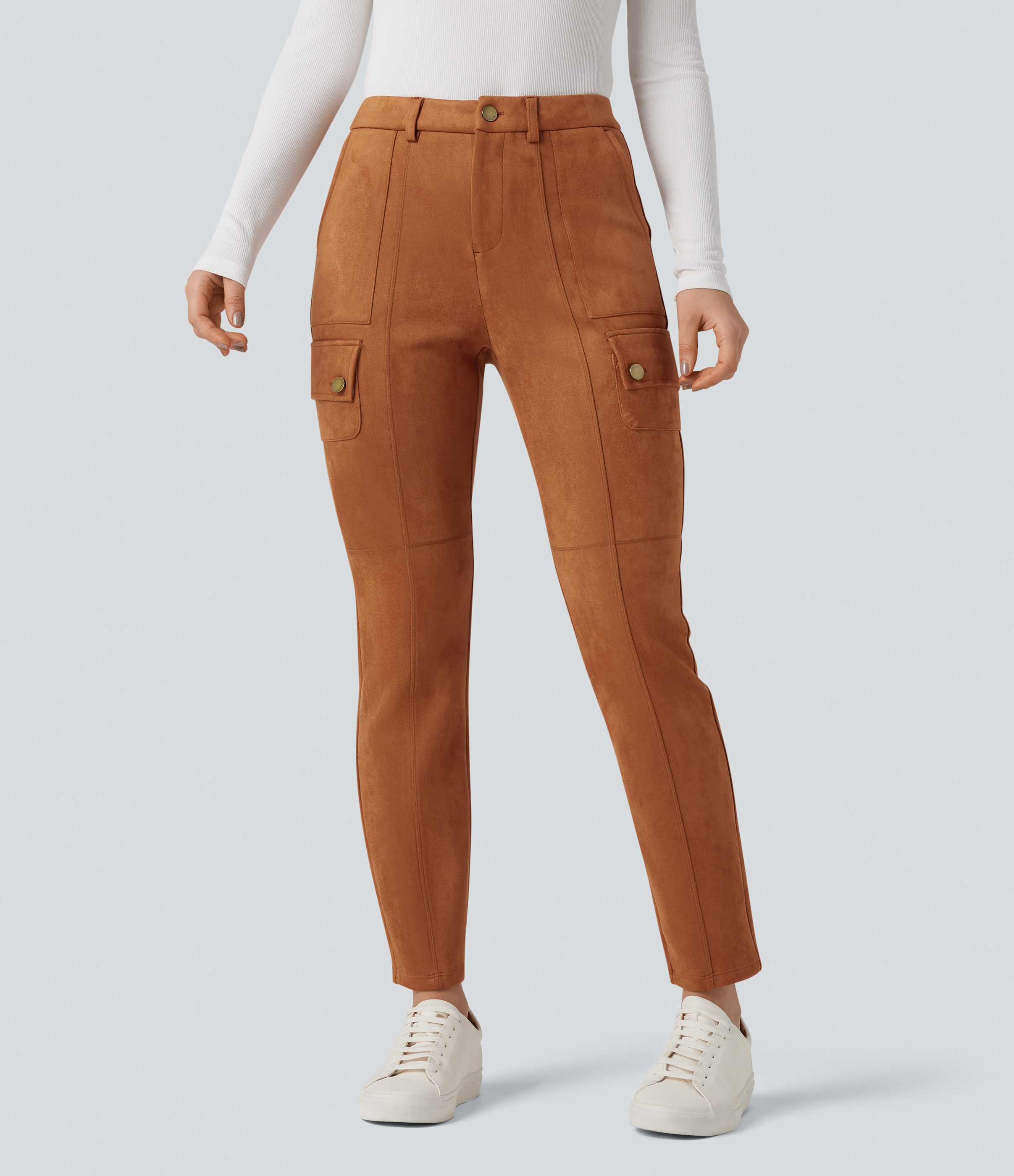 Women's High Waisted Suede Equestrian Cargo Pants with Pockets