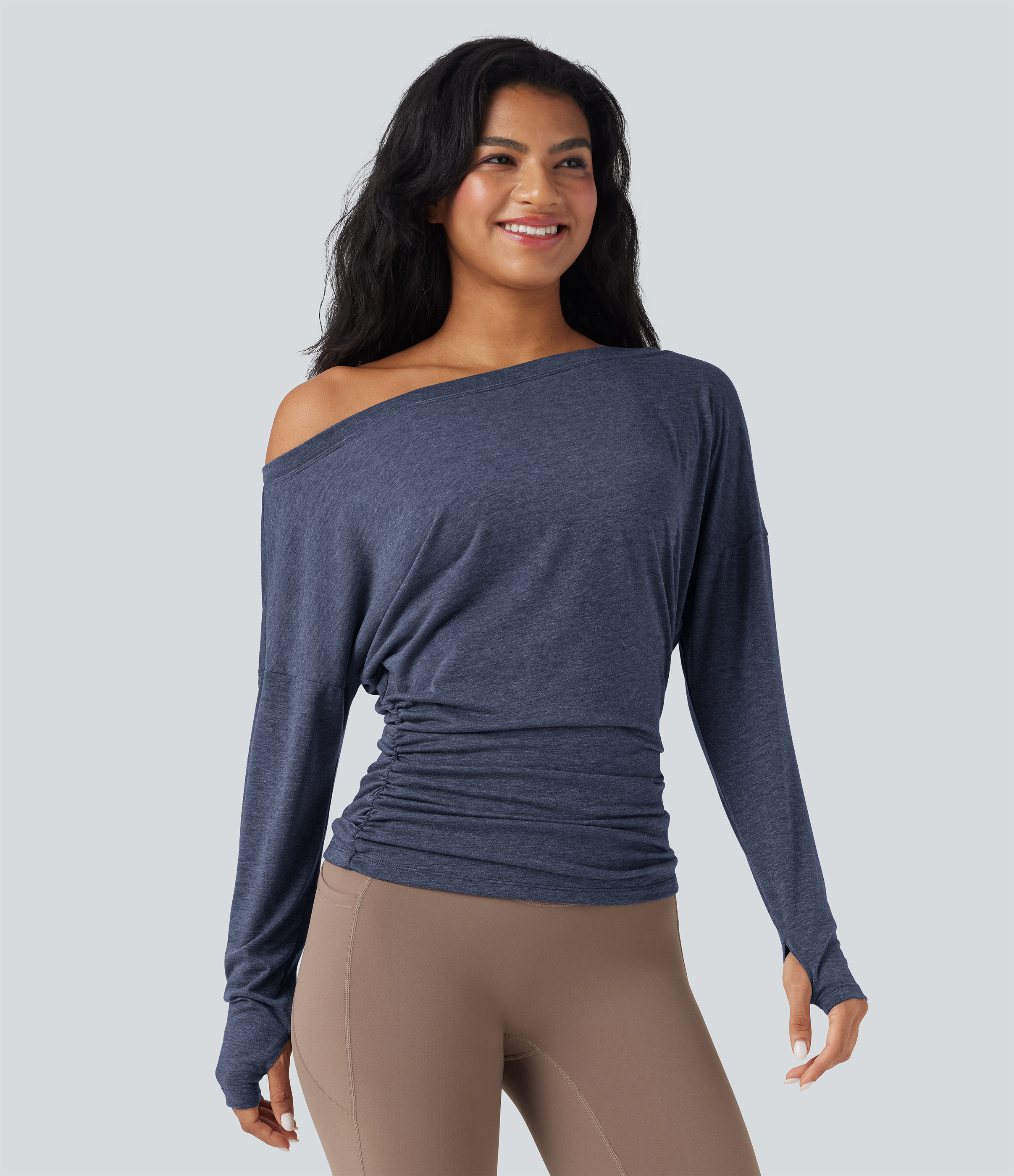 One Shoulder Long Sleeve Thumb Hole Ruched Yoga Sports Top