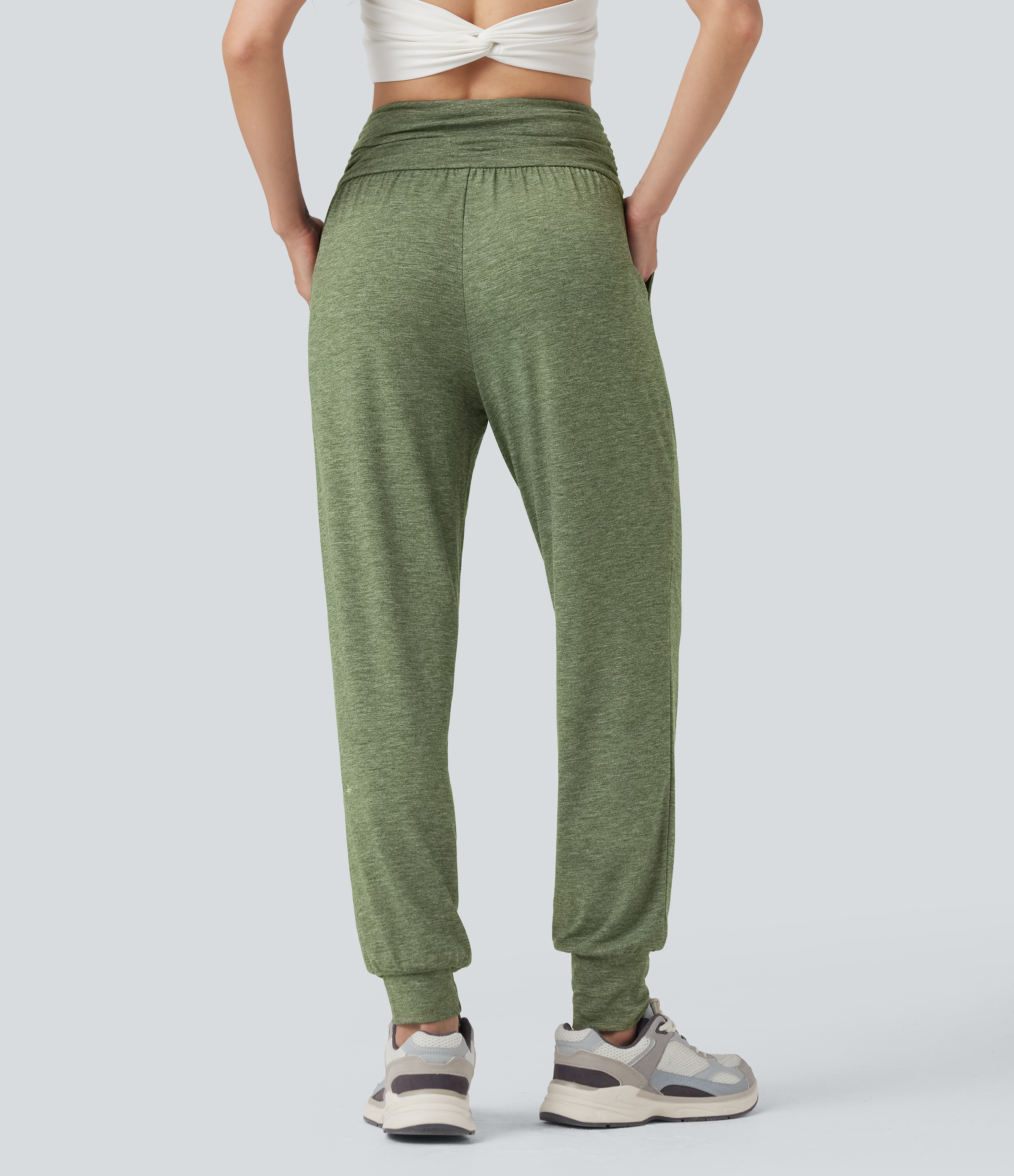 Light Green Floral Yarn Jogging taille haute froncé chiné avec poches / 2