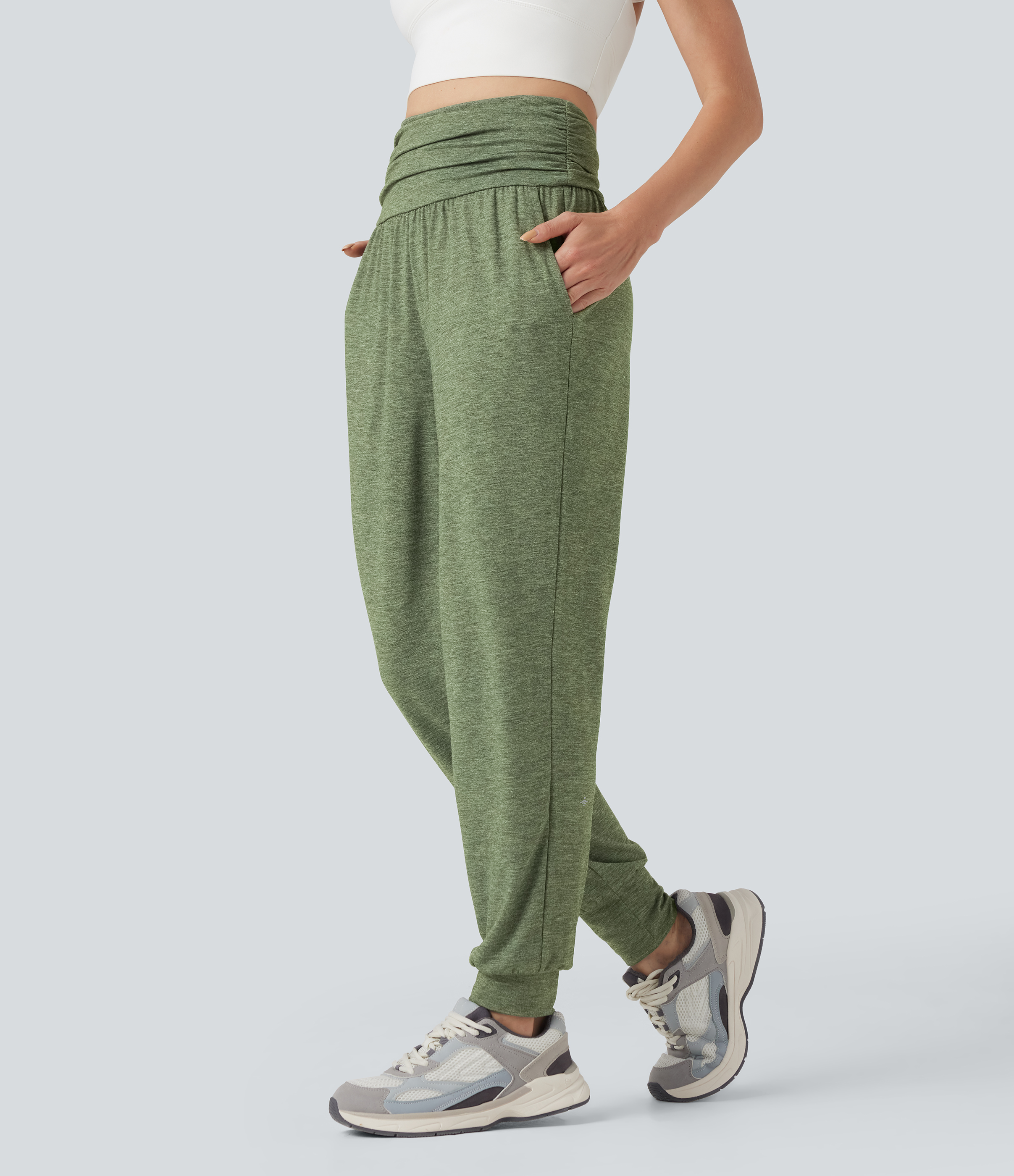 Jogging taille haute froncé chiné avec poches